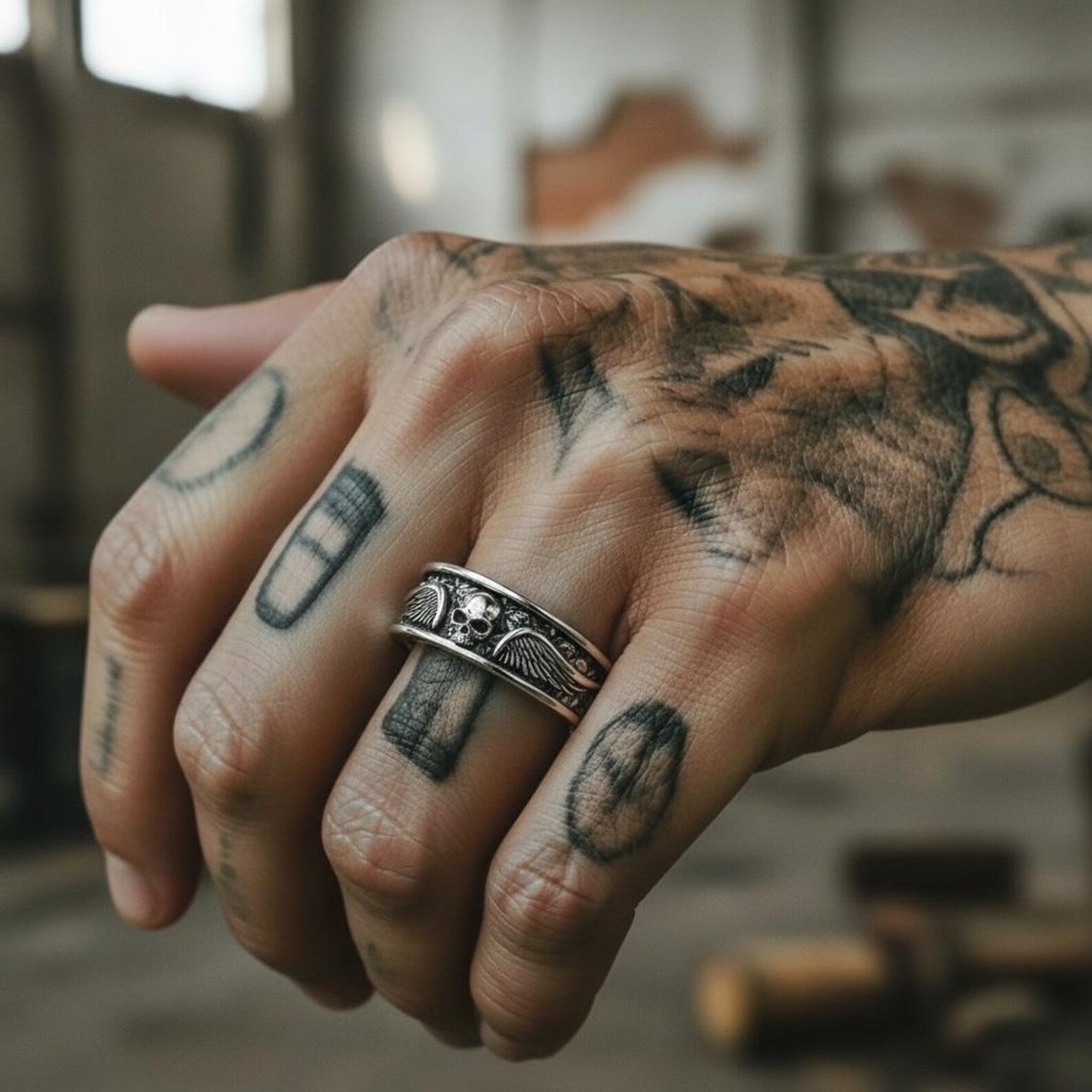 Lifestyle image of a men's winged skull ring worn on the hand, capturing the rebellious biker spirit and showcasing the silver oxidation, sharp skull contours, and artistic wing details.