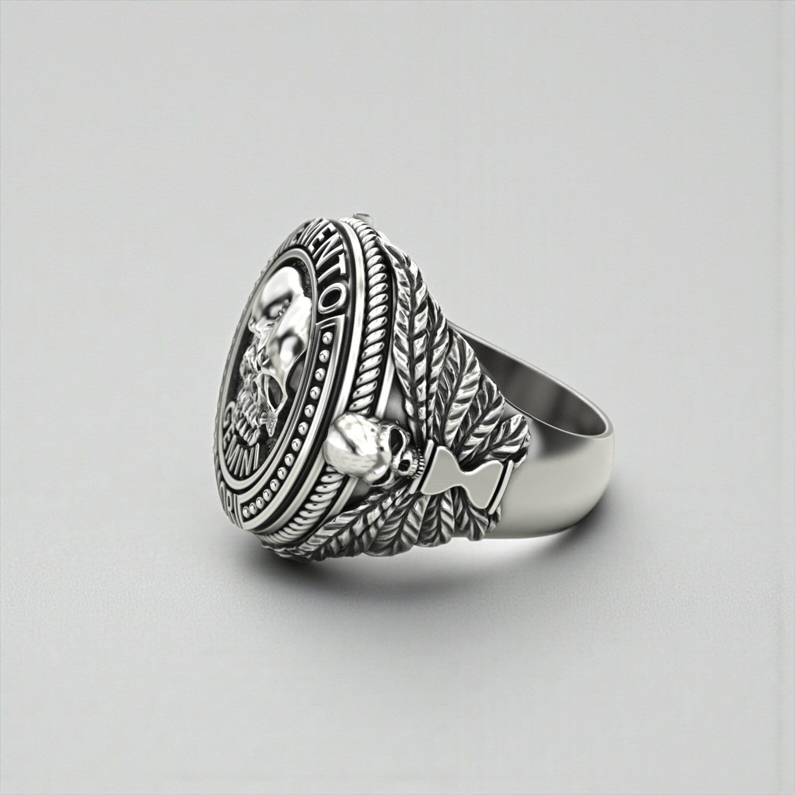 Unique Gemini Skull Ring in sterling silver showcasing twin-skull artistry that represents philosophical duality and cosmic identity, with expert engraving, gothic styling, and a powerful handcrafted finish designed for those who value expressive jewelry.