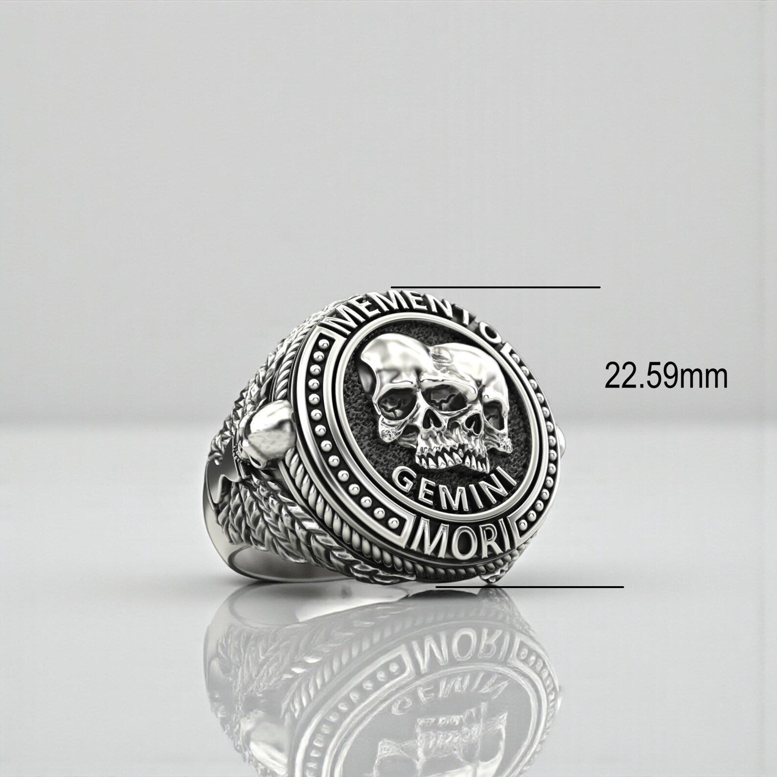 High-quality 925 sterling silver gothic ring with an expressive Gemini skull emblem representing mortality, wisdom, and dual nature, created with meticulous hand engraving, oxidized shading, and bold masculine styling suitable for bikers and zodiac lovers.