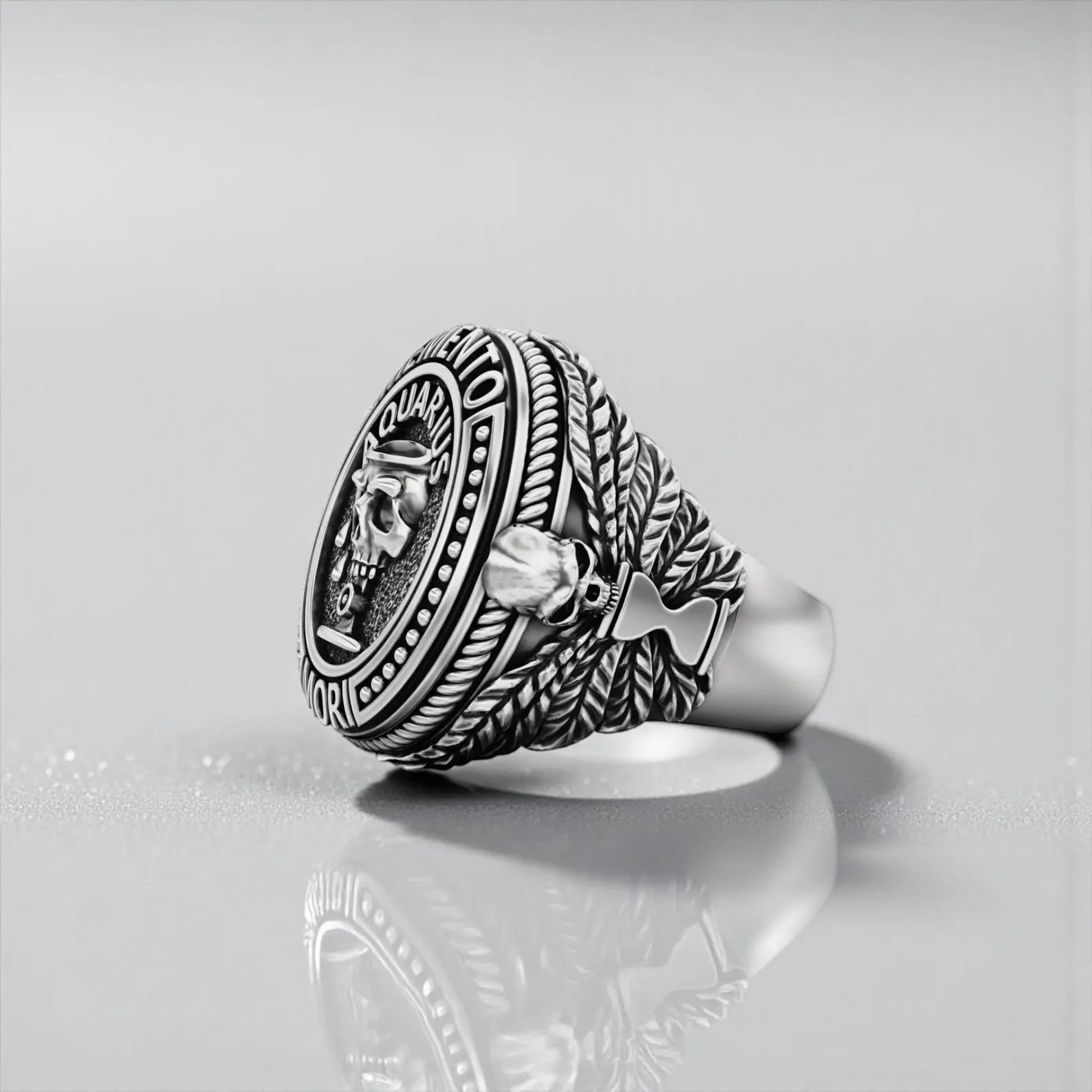 Astrology-inspired Aquarius ring featuring a skull Memento Mori symbol, made from solid 925 sterling silver and crafted for collectors of meaningful gothic jewelry.