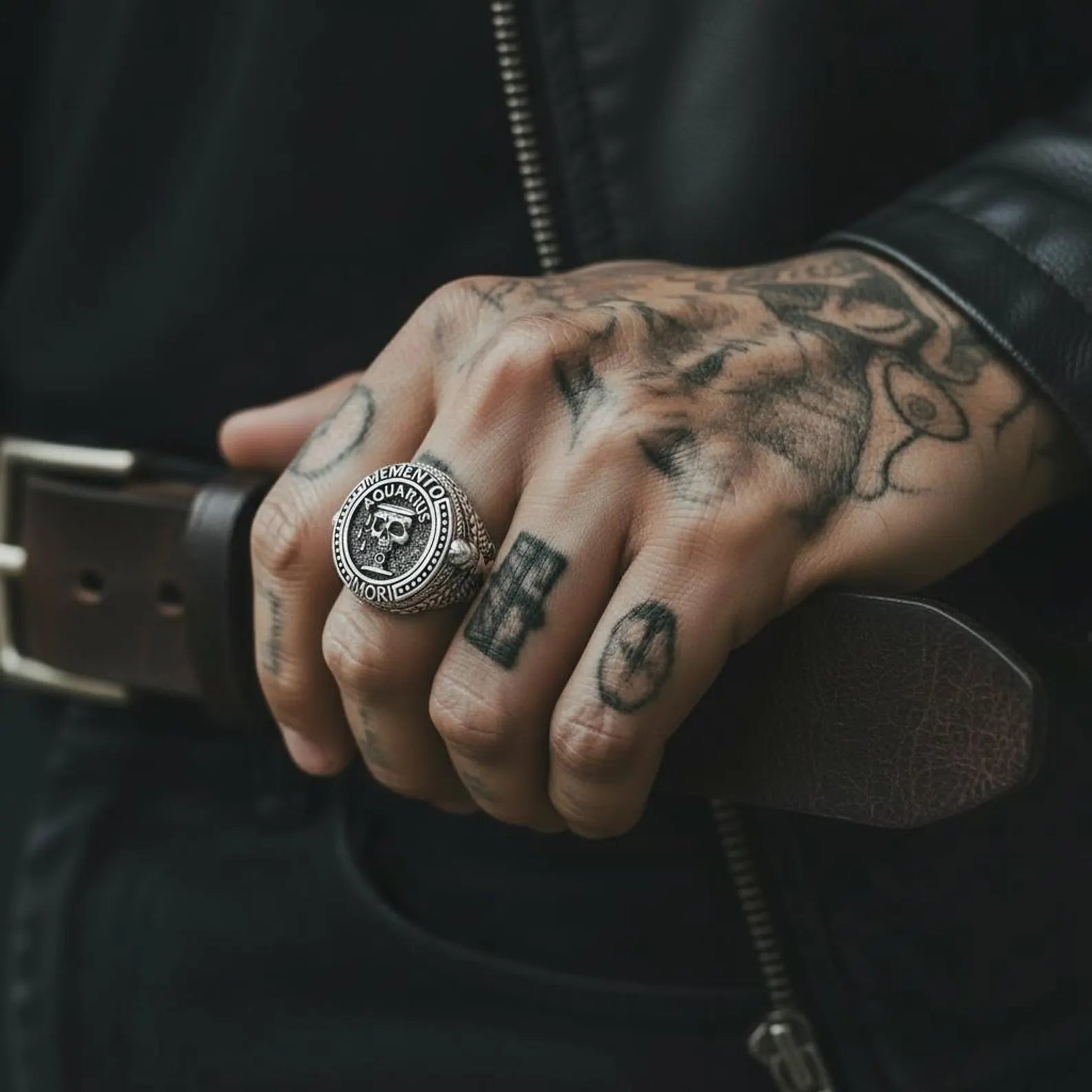 Men’s Aquarius skull ring handcrafted in oxidized sterling silver, designed as a powerful statement piece inspired by astrology, philosophy, and timeless gothic art.