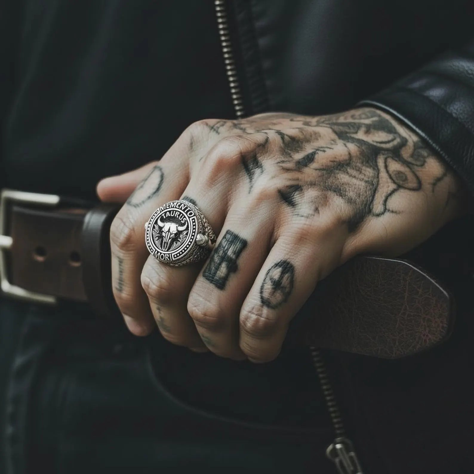Artistic Memento Mori Taurus skull ring crafted from hypoallergenic sterling silver, blending zodiac symbolism, gothic philosophy, and statement jewelry craftsmanship.