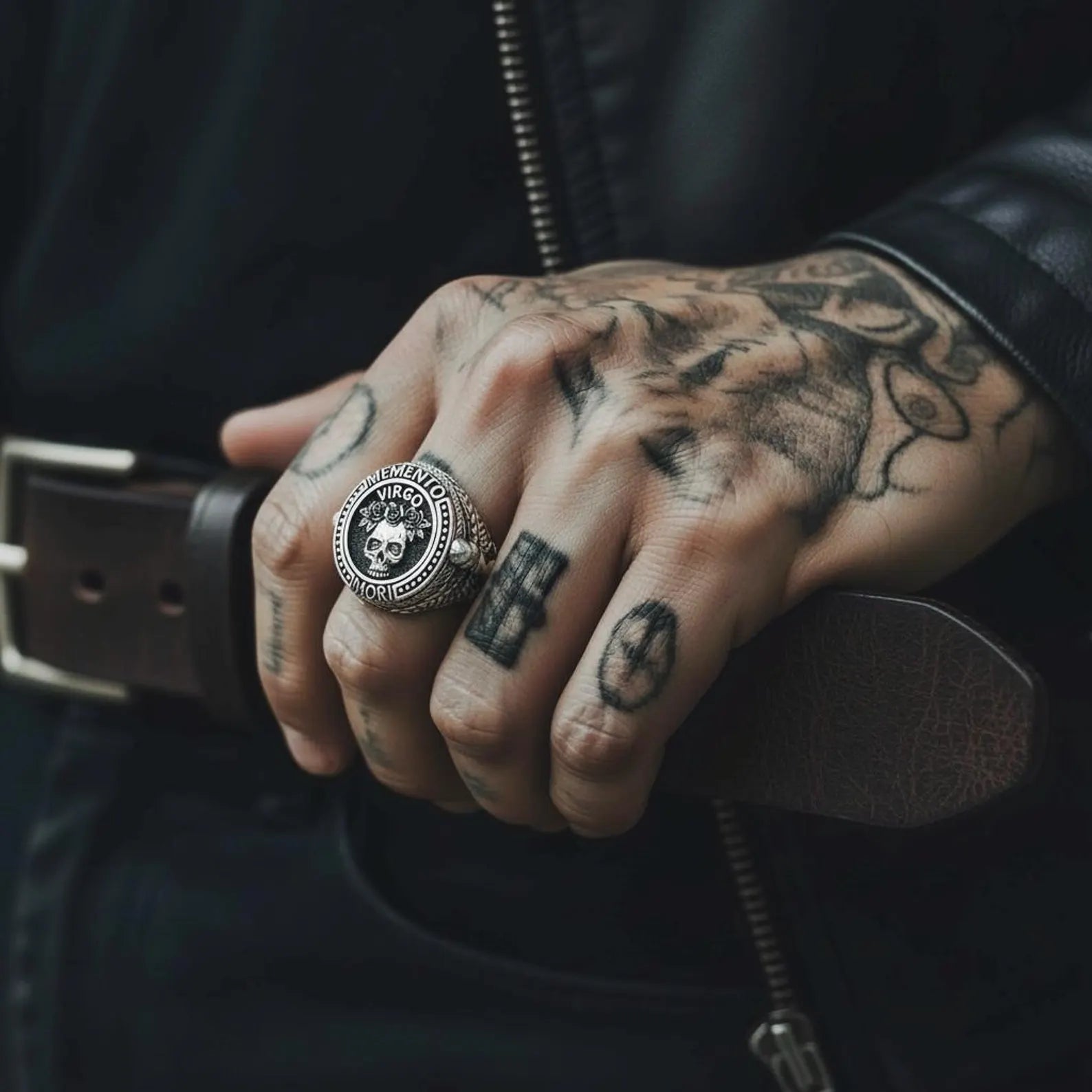 Gothic Virgo zodiac ring crafted in solid sterling silver, showcasing an intricate skull and floral motif inspired by Memento Mori philosophy and bold biker jewelry aesthetics.