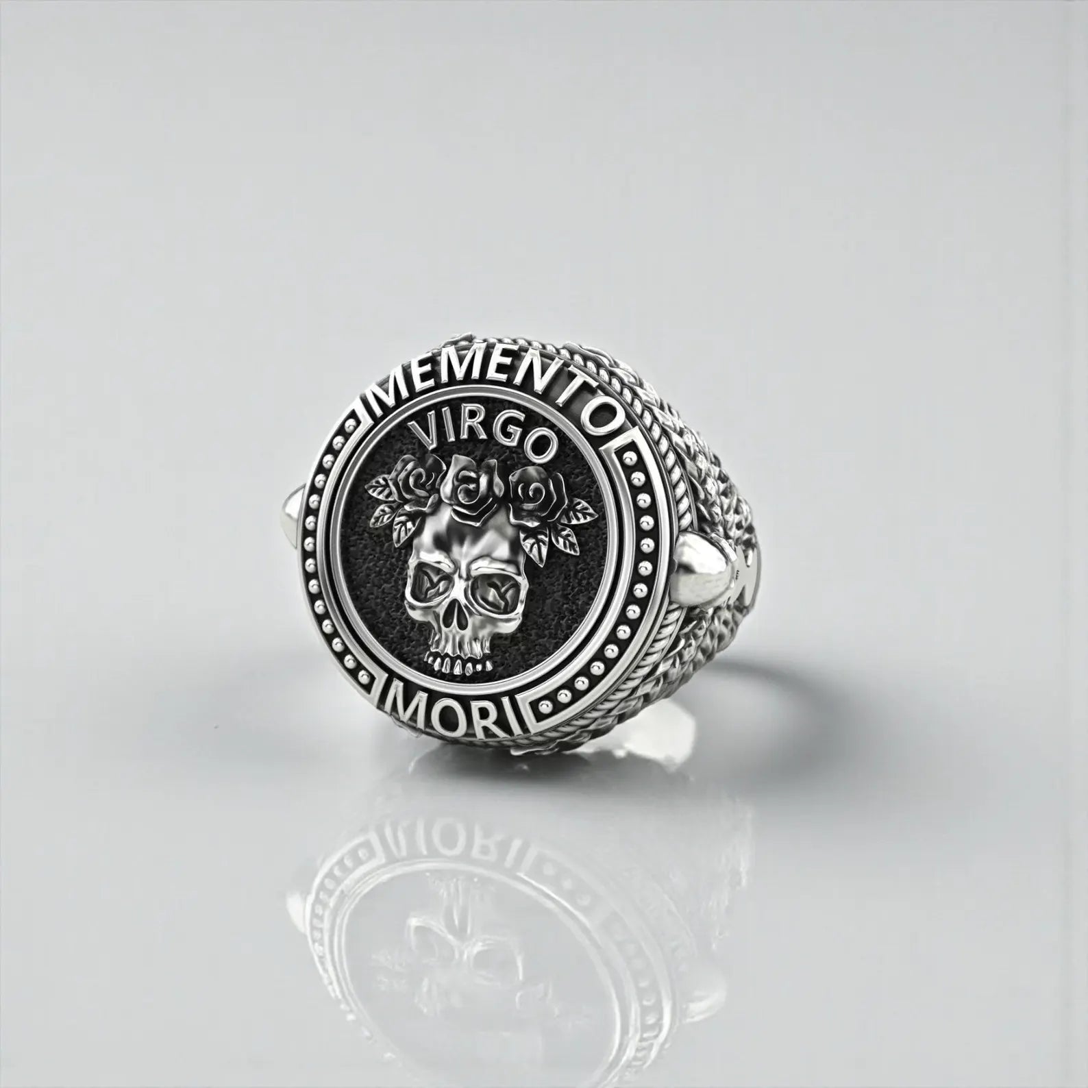 Handcrafted Memento Mori Virgo ring made from premium 925 sterling silver, featuring a detailed skull and rose design that blends gothic symbolism with Virgo zodiac meaning for collectors and astrology enthusiasts.