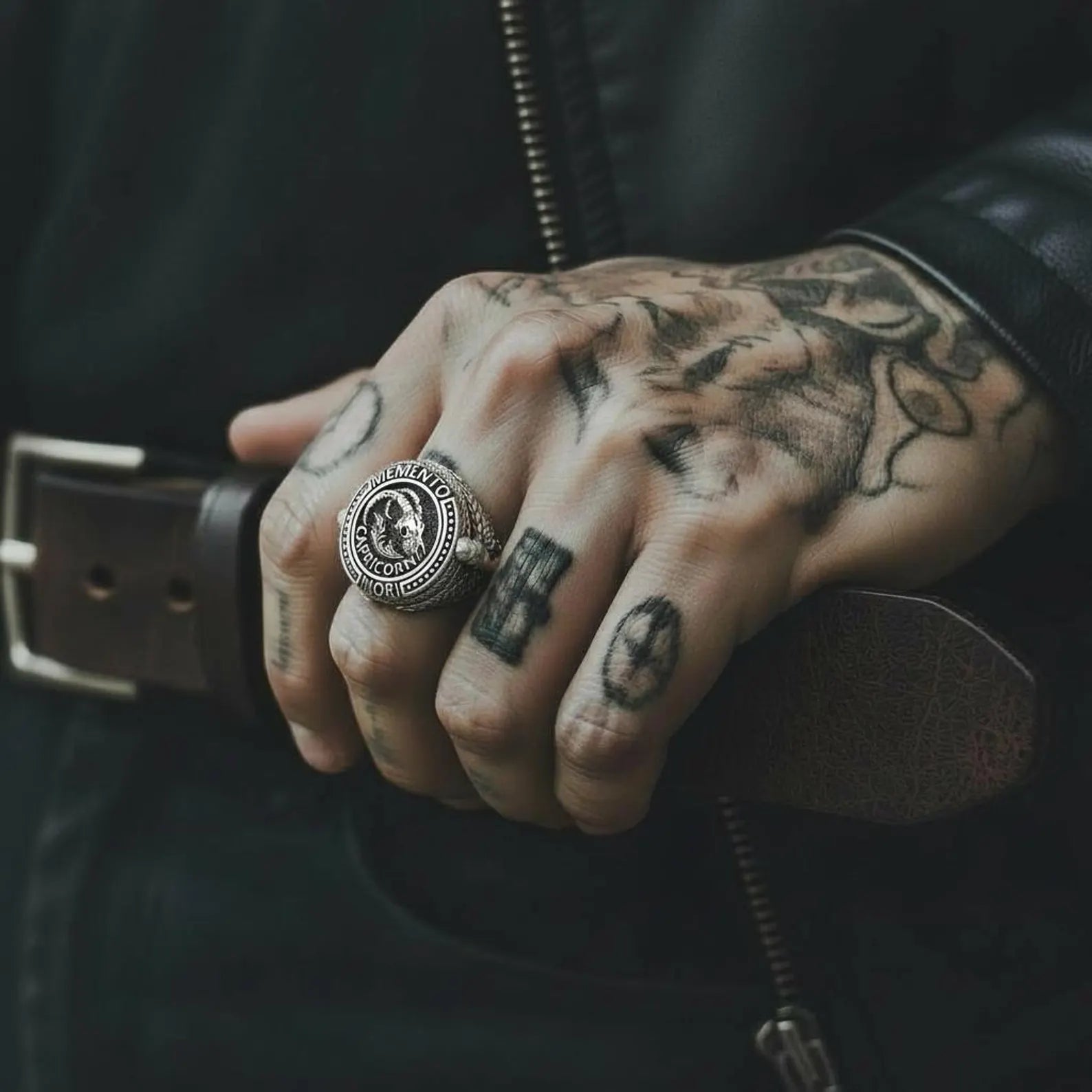 Gothic Capricorn zodiac ring crafted in solid sterling silver, showcasing an intricate goat skull motif inspired by Memento Mori philosophy and bold biker jewelry style.