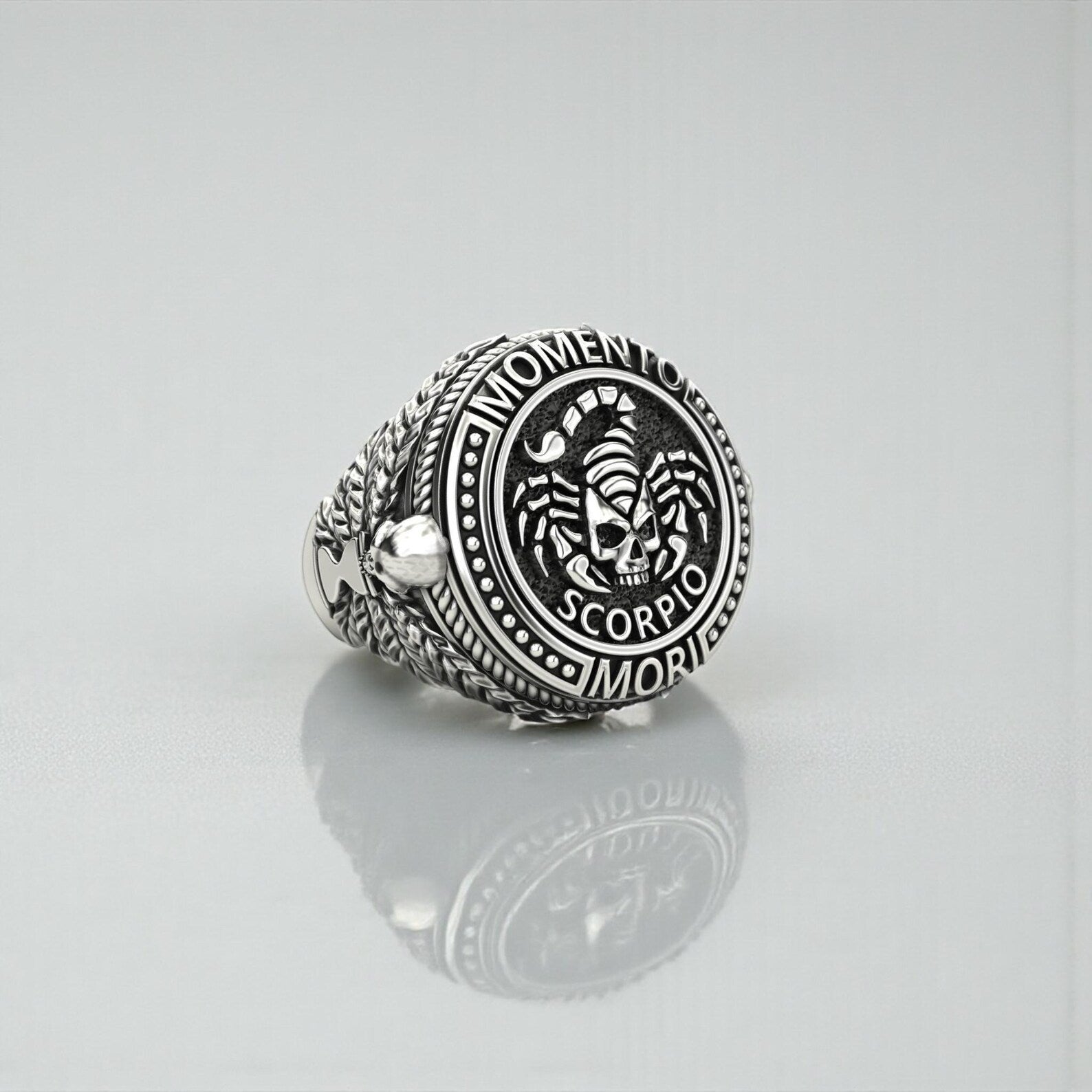 Sterling silver Scorpio ring for men featuring memento mori skull design, gothic astrology jewelry inspired by strength, mystery, and rebirth