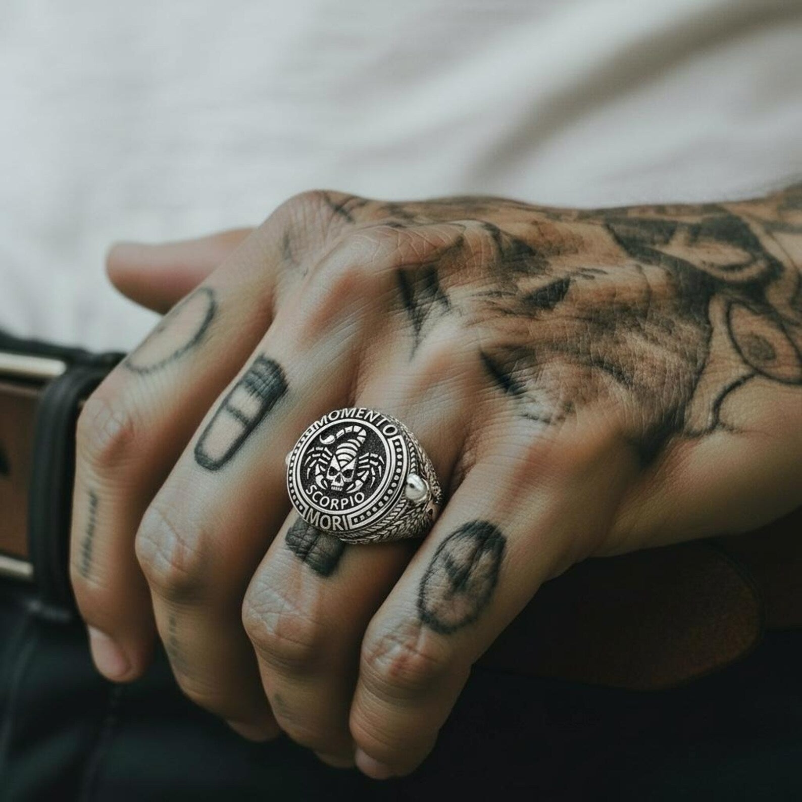 Detailed memento mori Scorpio ring made from solid sterling silver, gothic skull jewelry for men who appreciate astrology and symbolism