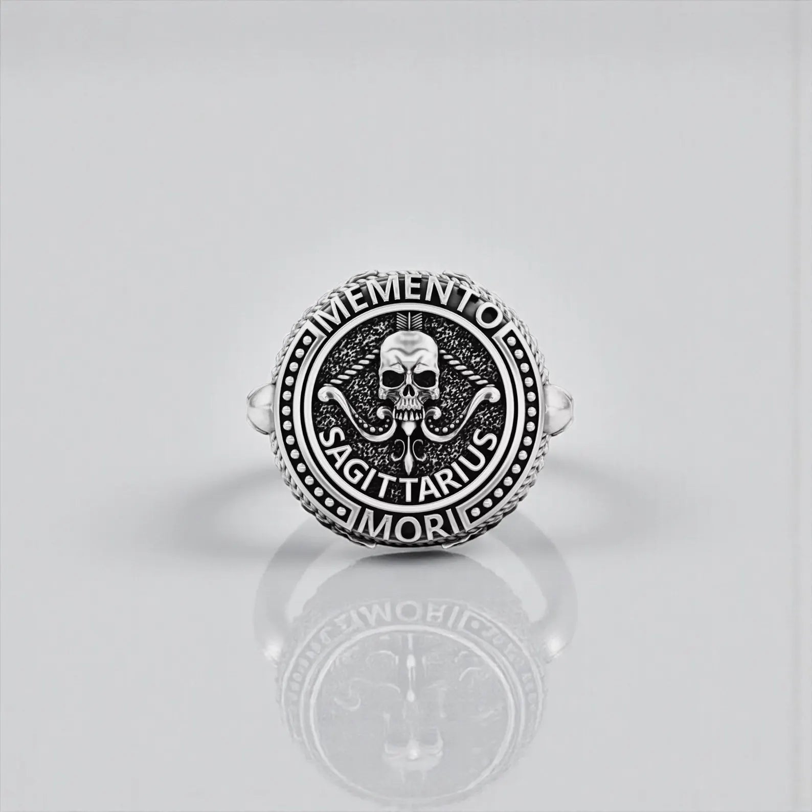 Gothic Sagittarius zodiac skull ring in oxidized sterling silver, inspired by memento mori philosophy and designed for men who appreciate astrology, mysticism, and dark symbolic jewelry