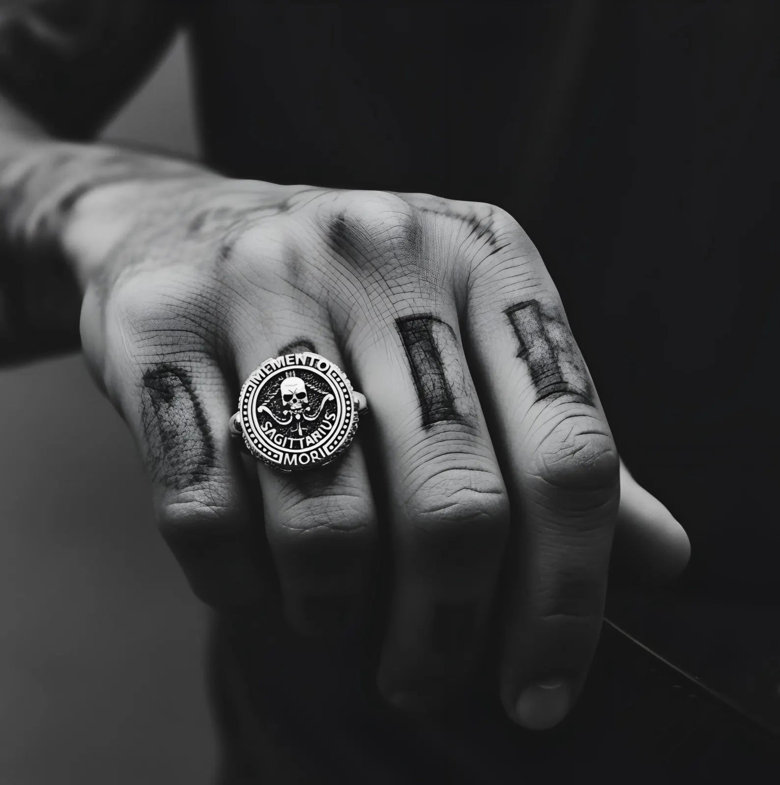 Sterling silver Sagittarius skull signet ring handcrafted with detailed gothic artistry, representing truth, courage, exploration, and philosophical depth through zodiac symbolism