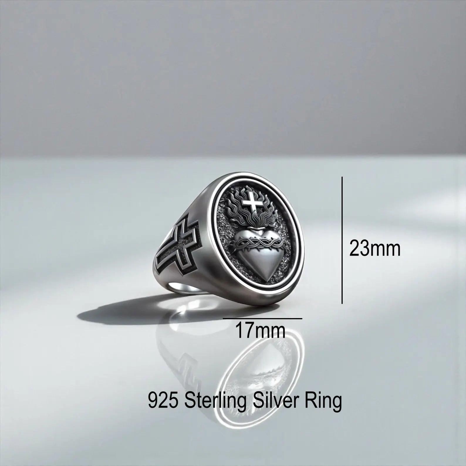 Christian cross and Sacred Heart ring for men in sterling silver, handcrafted religious signet ring with oxidized contrast, meaningful spiritual jewelry gift for special occasions