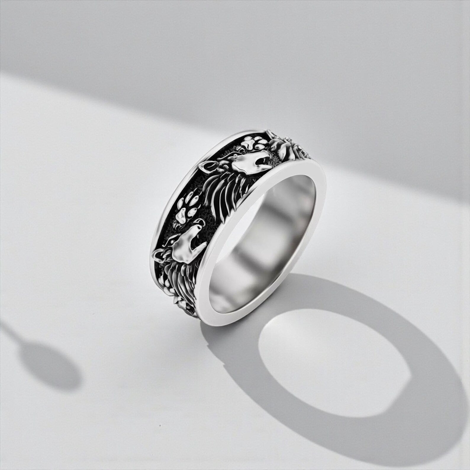 Viking wolf band ring in solid 925 sterling silver, handcrafted masculine statement ring with intricate wolf design symbolizing protection, loyalty and inner strength