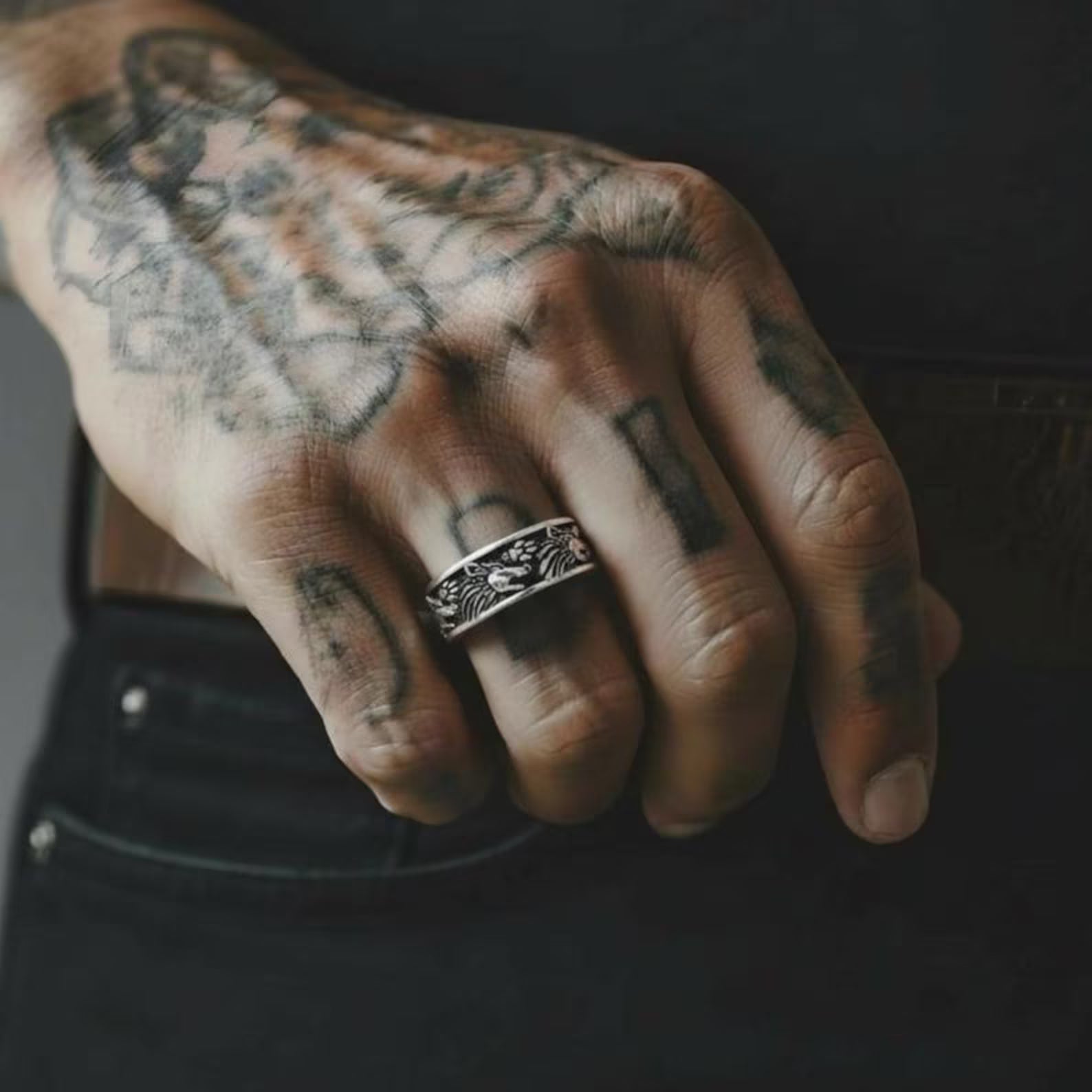 Norse mythology inspired Viking wolf spirit ring for men, bold sterling silver band ring with oxidized contrast, meaningful warrior jewelry gift for him