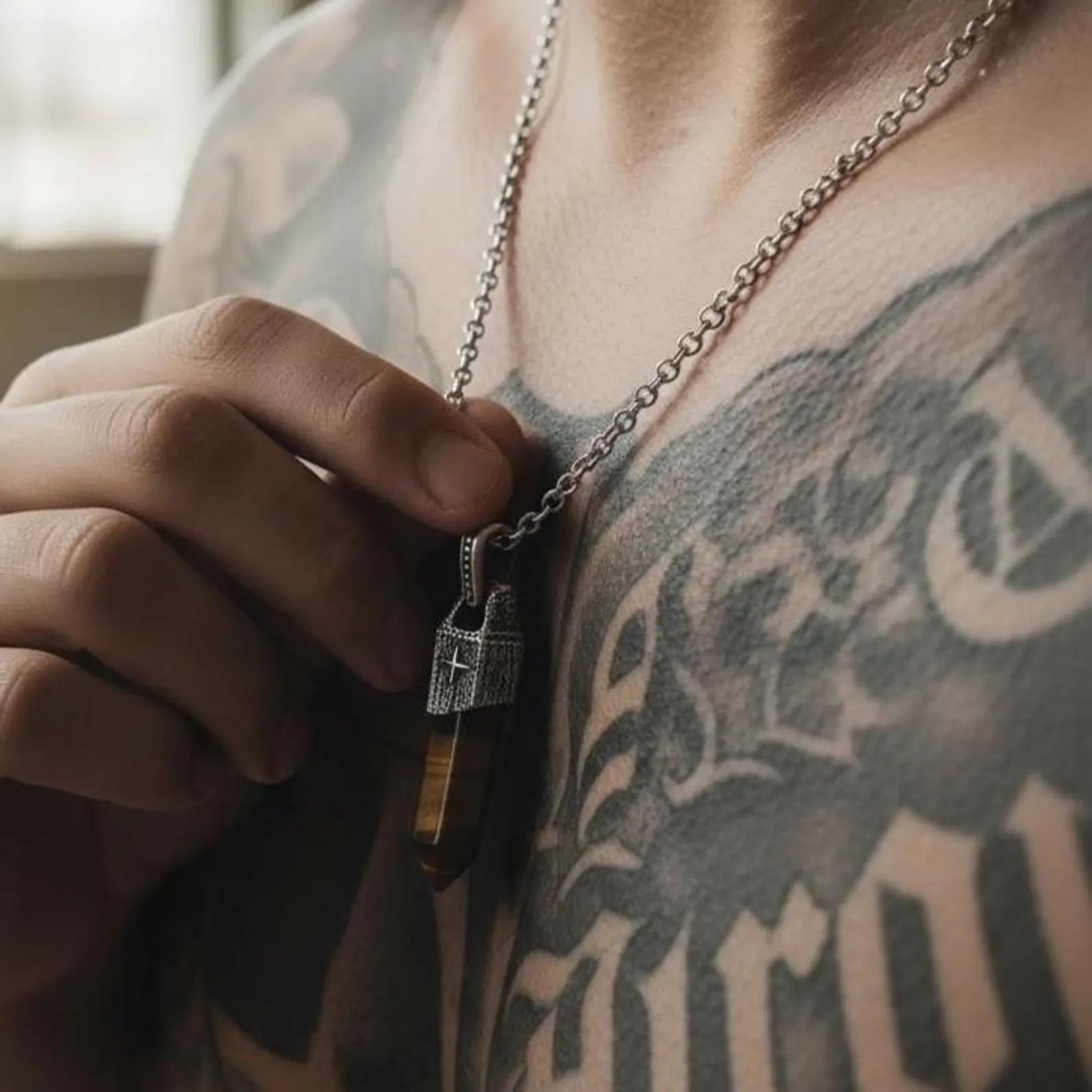 Men’s nautical inspired tiger’s eye gemstone pendant necklace with bold vintage compass design and oxidized sterling silver finish