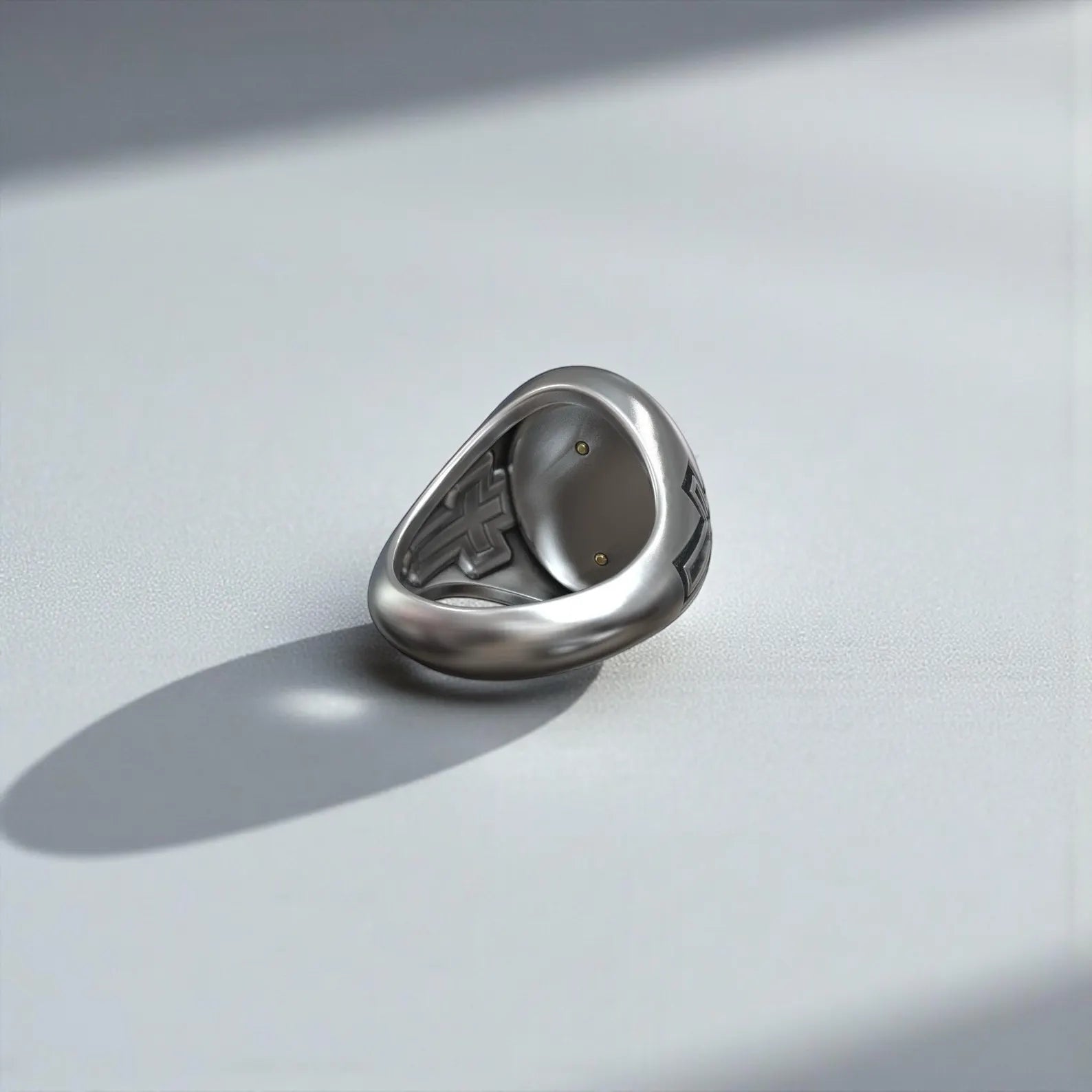 Handmade Christian ring in sterling silver with praying hands and rosary cross motif, designed for men who value religious meaning and spiritual craftsmanship