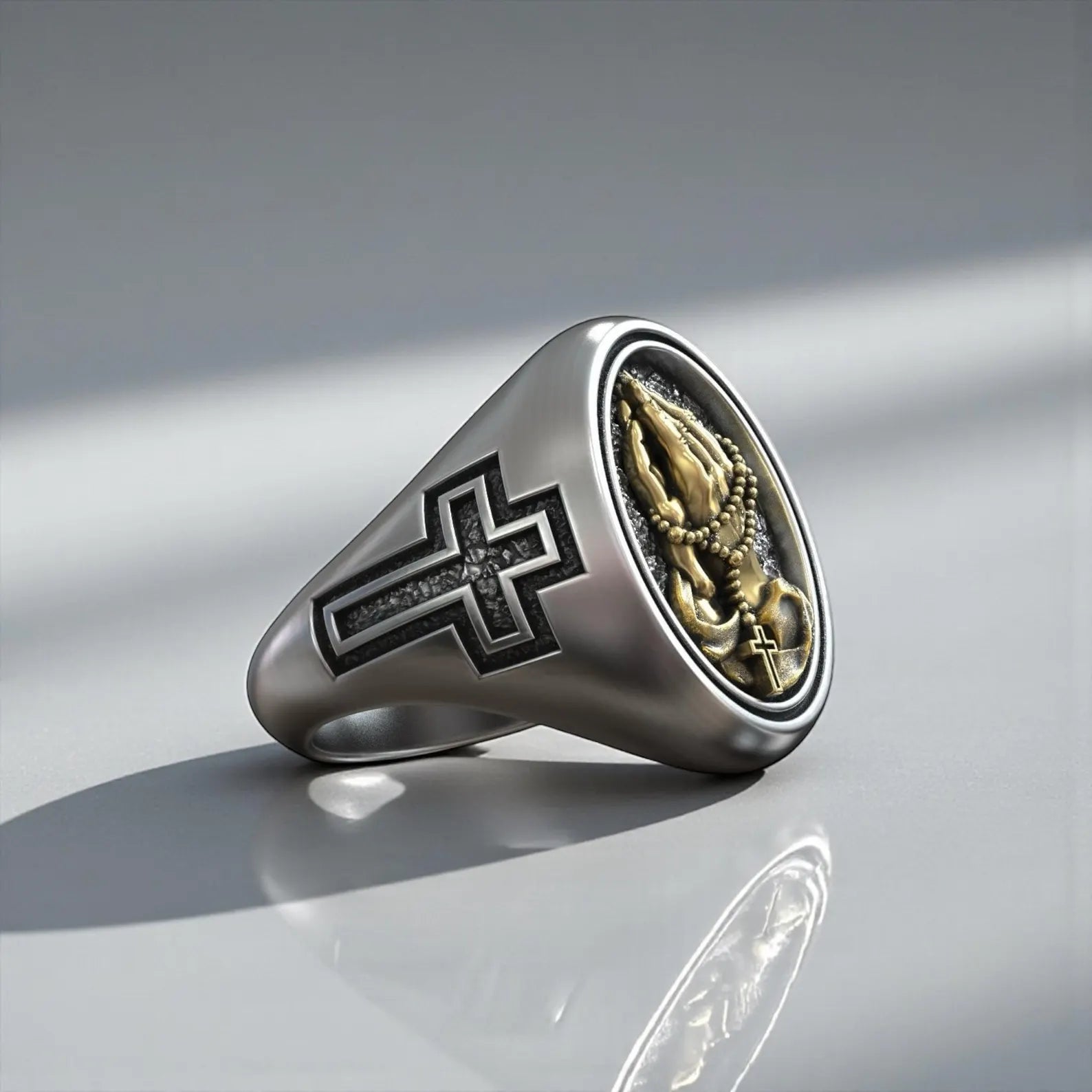 Personalized sterling silver praying hands rosary cross ring with gold details, designed as a meaningful Christian gift symbolizing faith, prayer, and protection