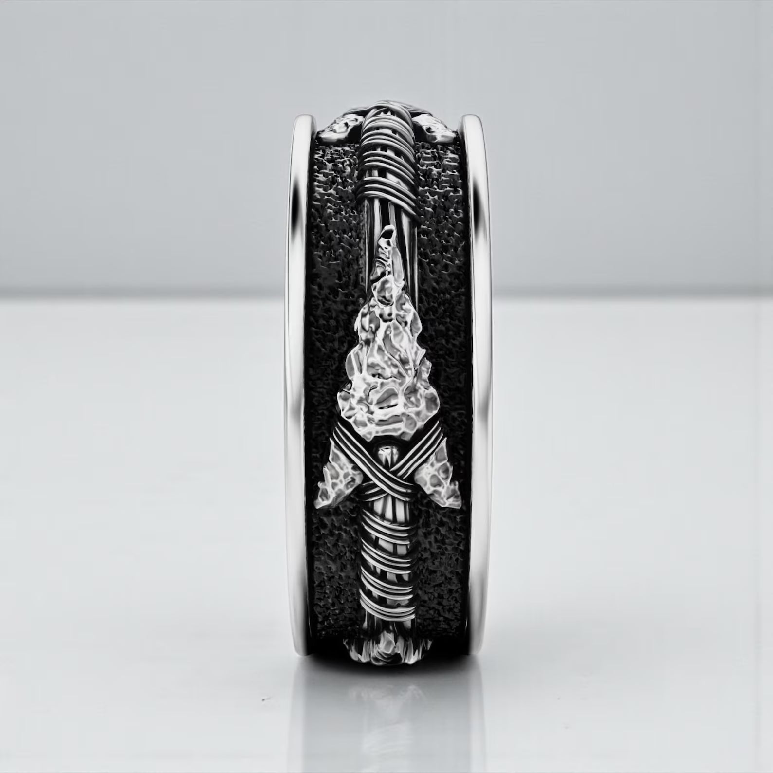 Personalized Viking arrow band ring for men in sterling silver, handcrafted minimalist jewelry with engraving options for a meaningful and unique gift