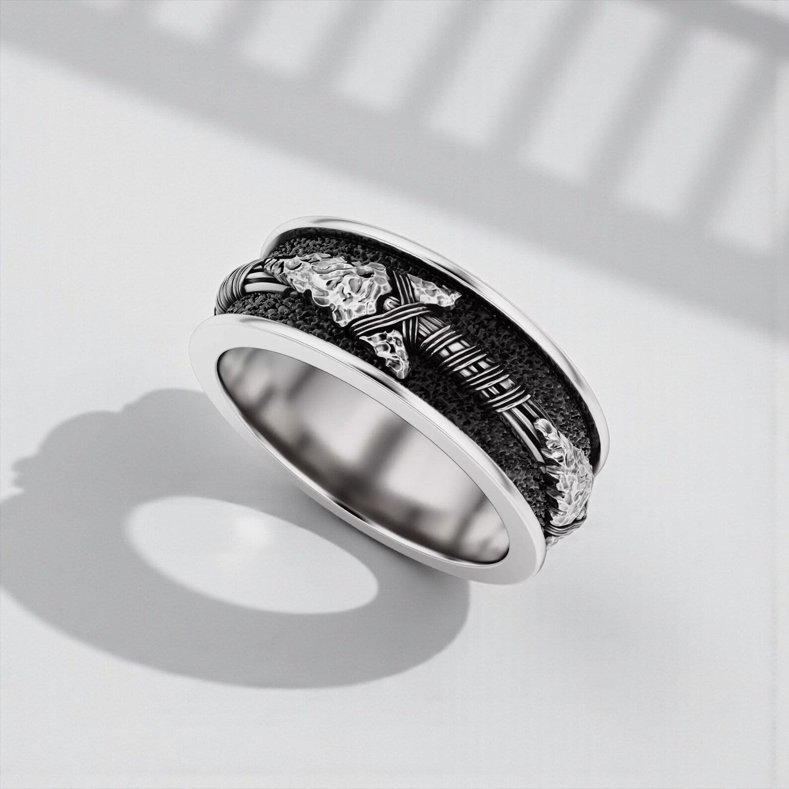 Viking inspired sterling silver arrow band ring for men, handcrafted minimalist statement jewelry symbolizing strength, direction, courage and the warrior spirit, made from oxidized 925 sterling silver