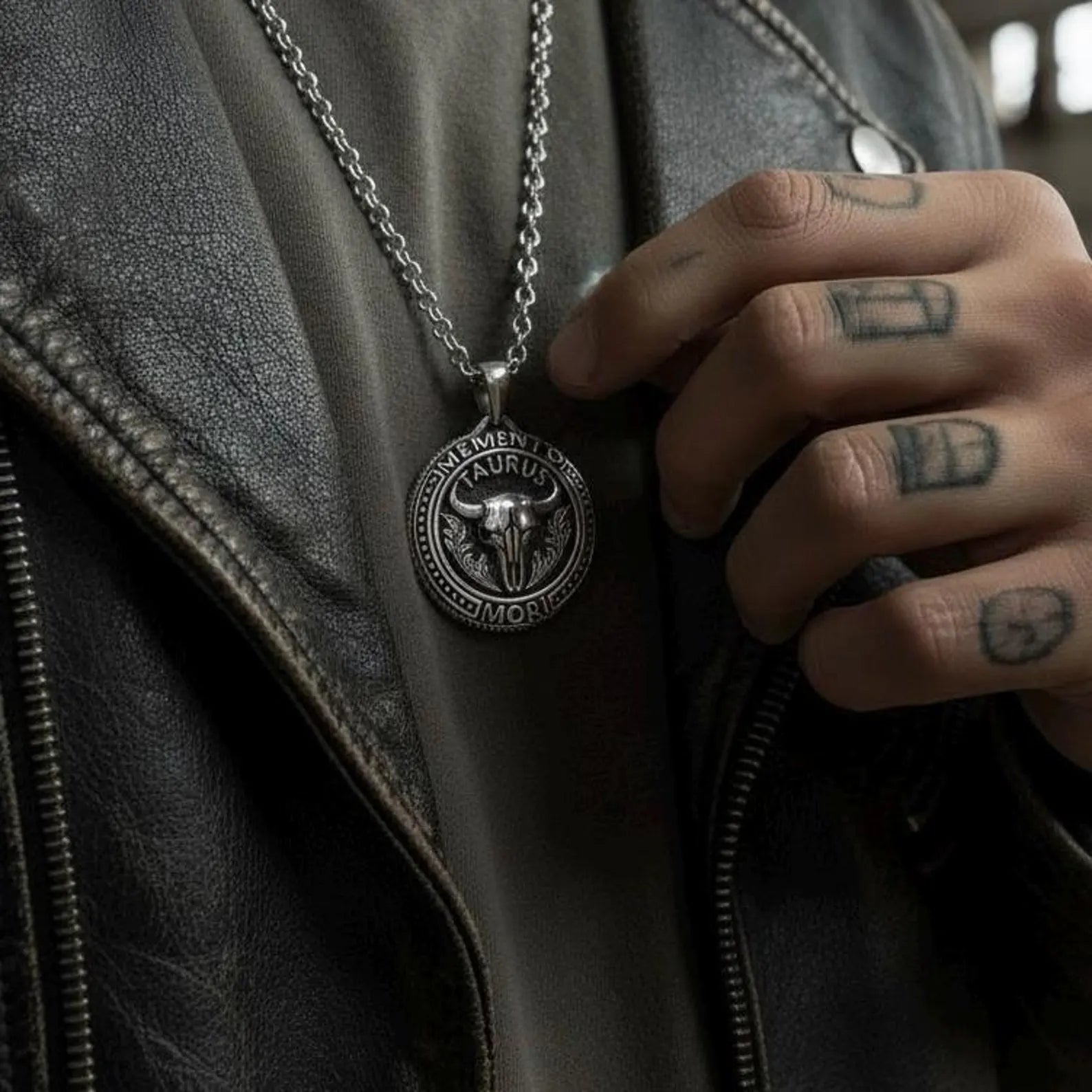 Statement gothic Taurus pendant necklace for men, featuring a powerful bull symbol inspired by zodiac astrology and the memento mori philosophy in solid 925 silver