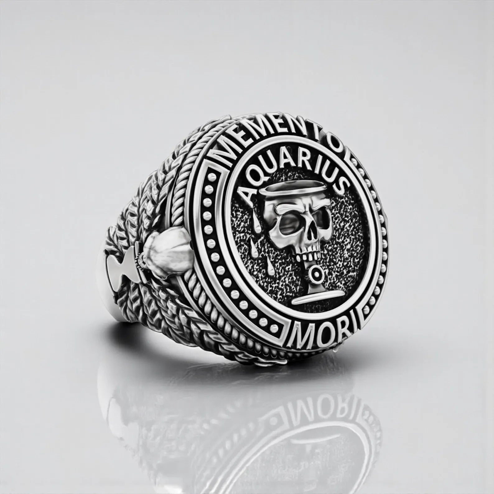 Gothic Aquarius skull signet ring made of high-quality 925 sterling silver, representing wisdom, authenticity, and the courage to live freely through zodiac symbolism.