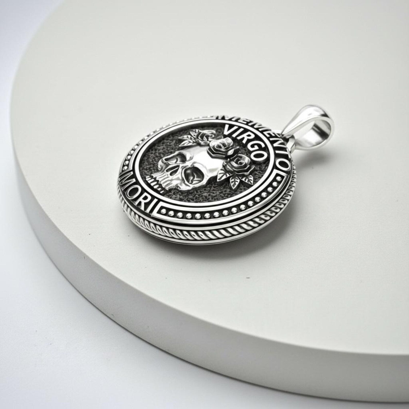 925 sterling silver Virgo memento mori skull pendant necklace, handcrafted gothic horoscope jewelry for men, round medallion design symbolizing balance between life and death
