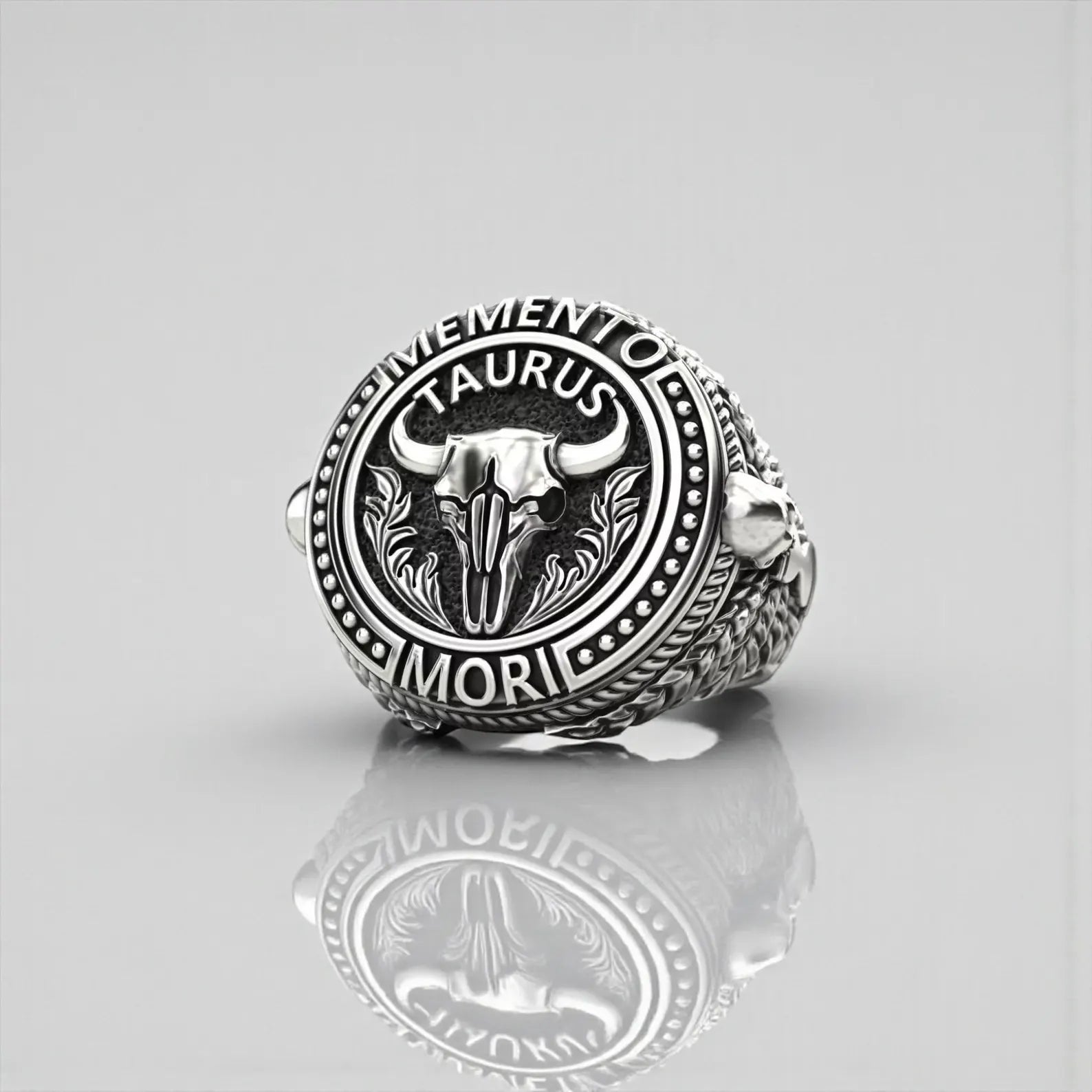 Handcrafted Memento Mori Taurus ring made from 925 sterling silver, featuring a bold bull skull design symbolizing strength, mortality, and zodiac power, perfect for men who love gothic biker jewelry.