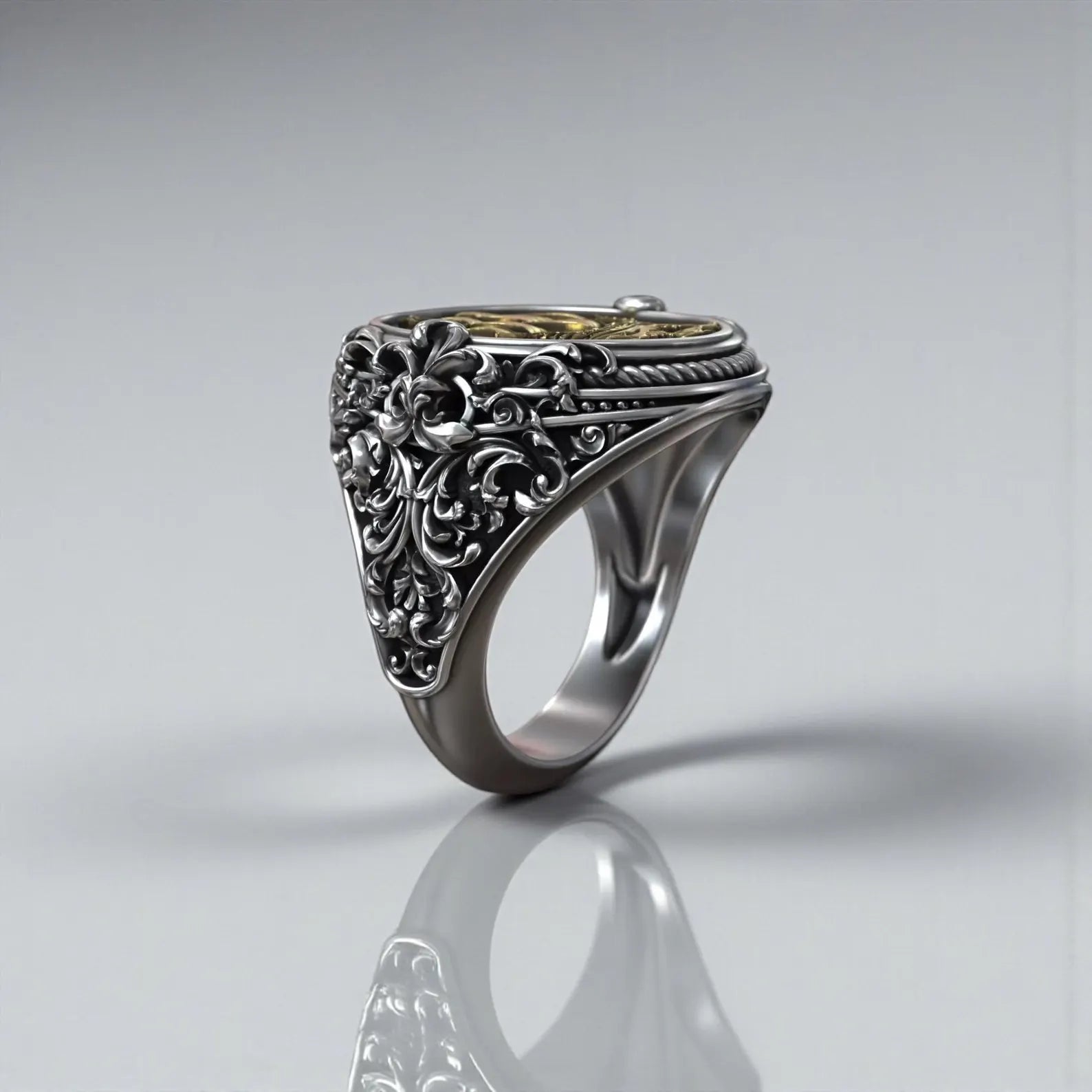 Handcrafted pirate ship signet ring in sterling silver with gold accents, oxidized nautical ring for men, baroque maritime jewelry inspired by the open sea and fearless exploration