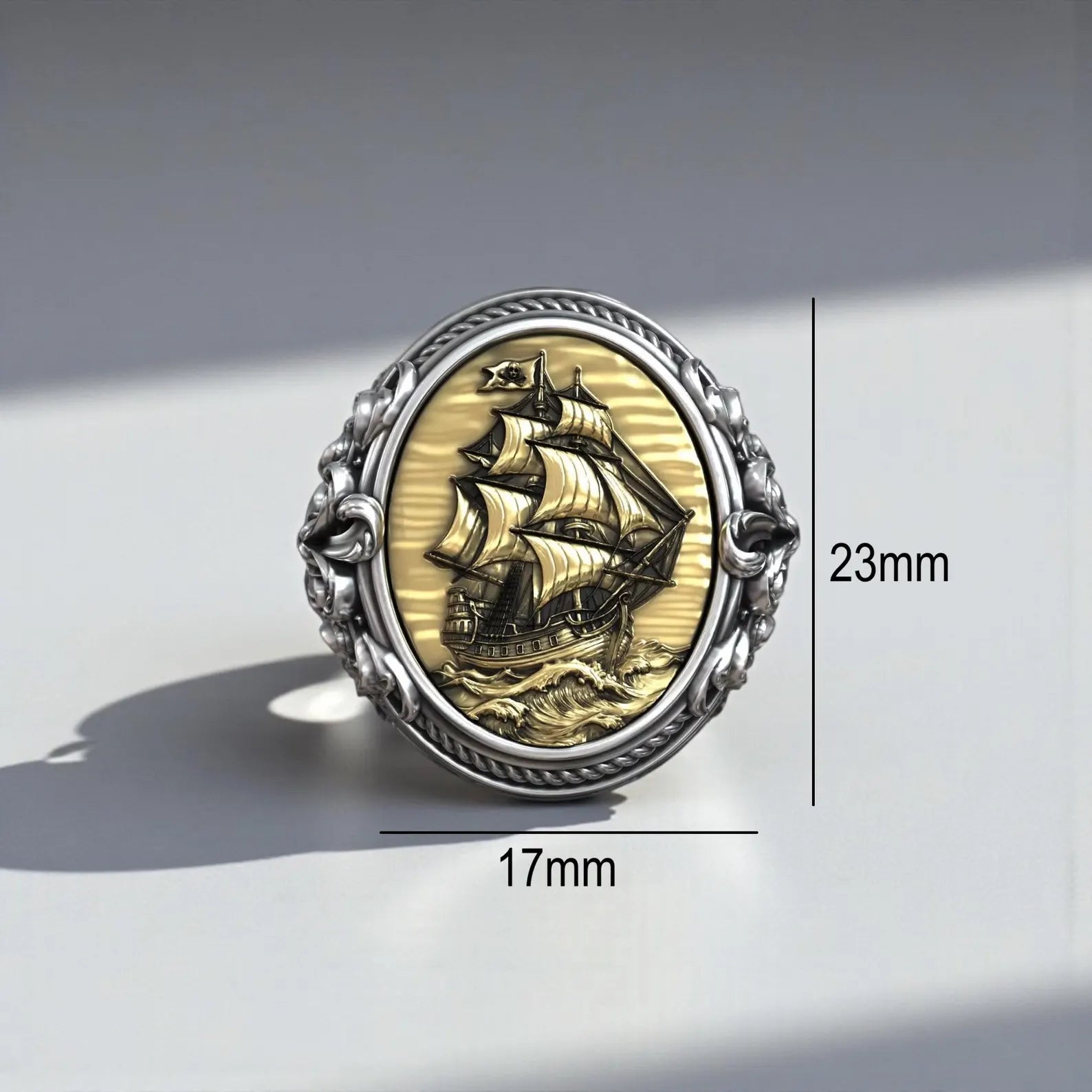 Sterling silver baroque pirate ship ring with luxurious gold details, nautical statement ring for men, handcrafted signet jewelry with maritime heritage and ocean-inspired symbolism