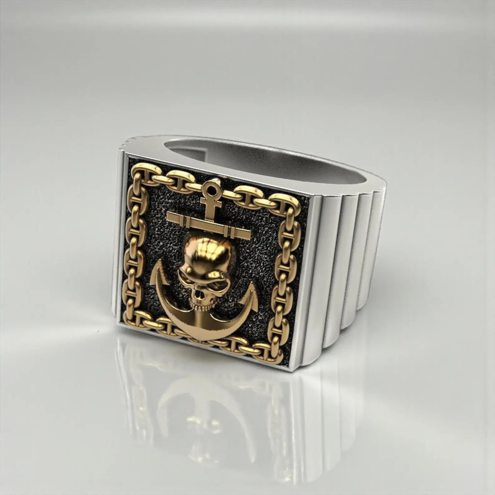 Nautical men’s ring with skull and anchor design, perfect as a statement accessory for ocean lovers and pirate jewelry enthusiasts