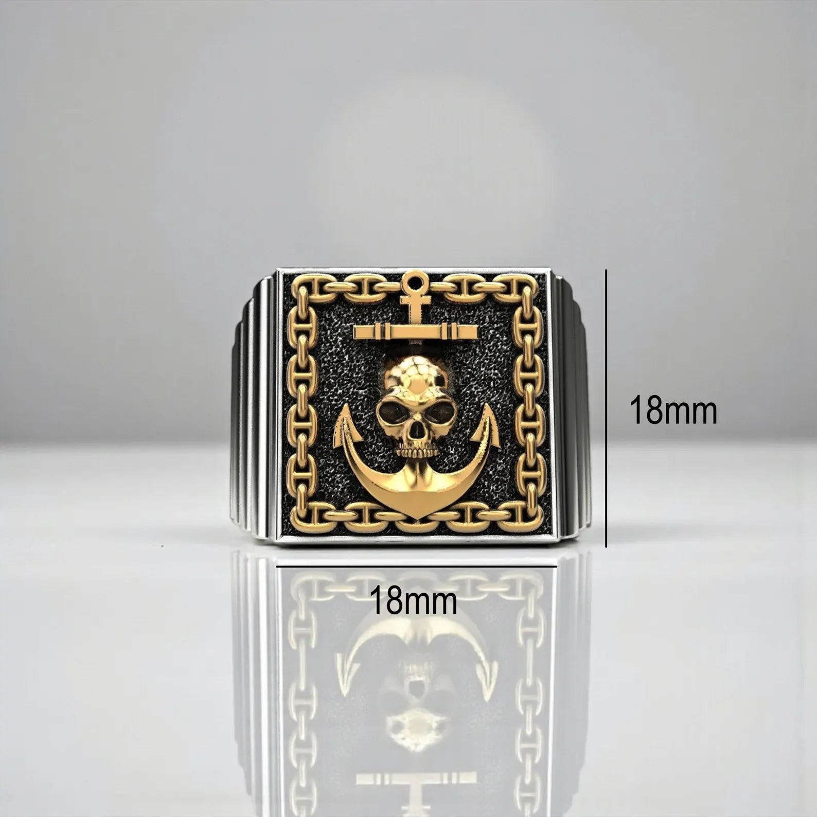 Pirate inspired sterling silver ring featuring a detailed skull and anchor, finished with oxidized contrast and elegant gold accents
Men’s nautical skull and anchor ring crafted in solid 925 sterling silver, designed for everyday wear or special occasions