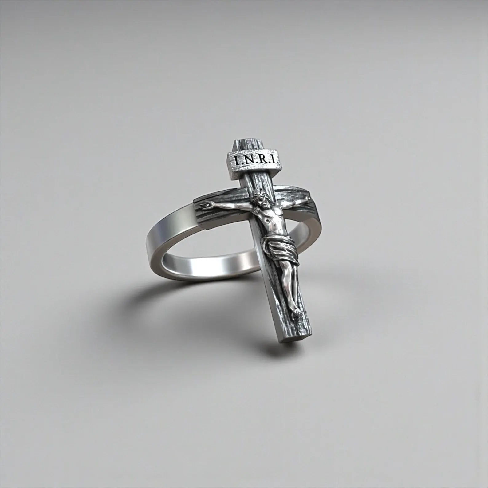 Christian faith-based crucifix cross ring for men made of 925 sterling silver, handcrafted religious jewelry symbolizing sacrifice, protection, and eternal love of Christ