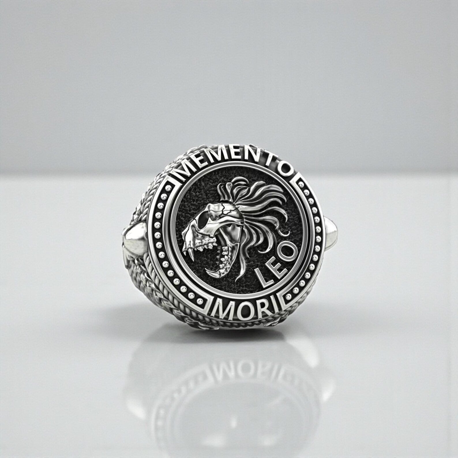 Artistic Memento Mori Leo lion skull ring crafted from solid sterling silver, blending zodiac meaning with strong gothic and biker aesthetics.