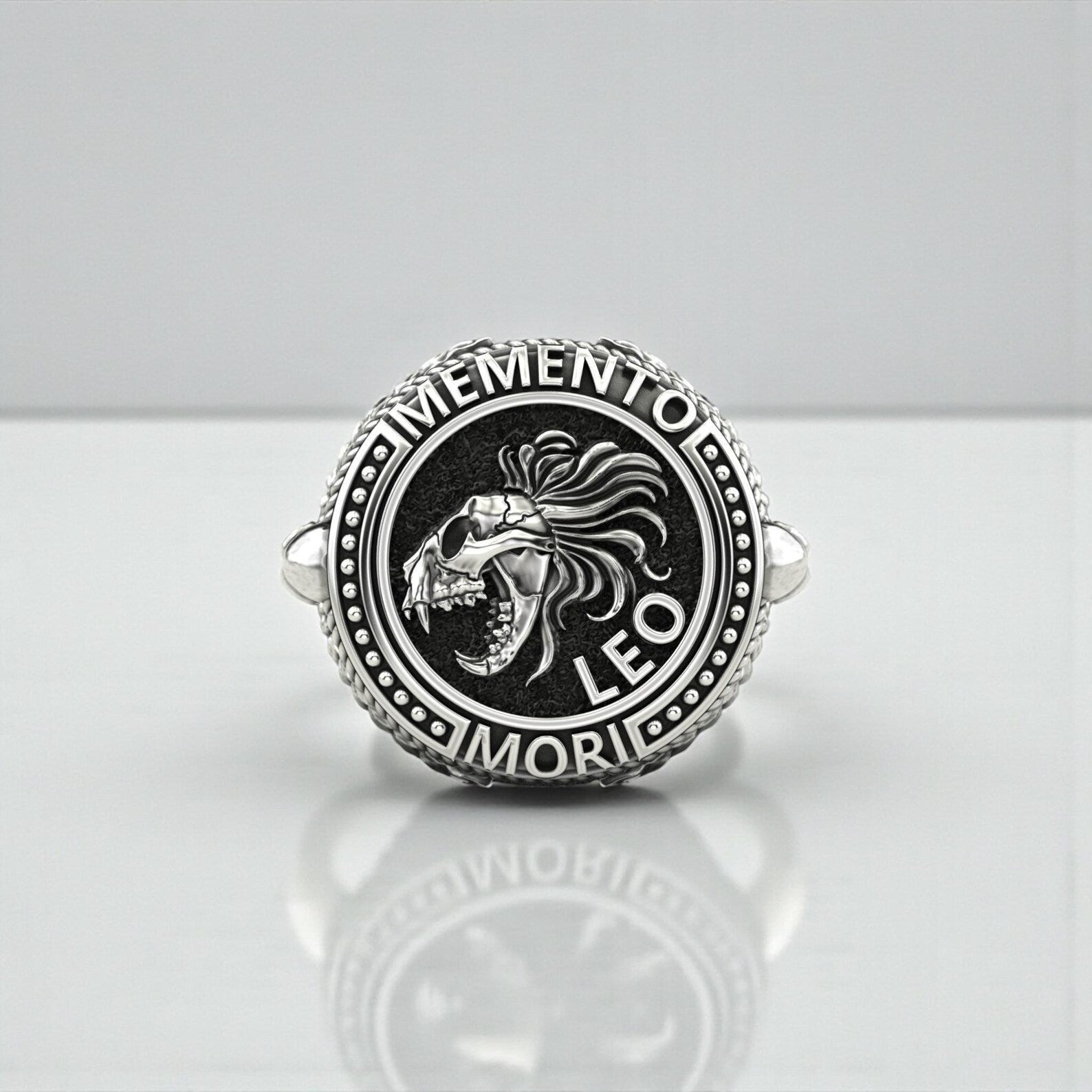 Bold biker-style Leo ring made from hypoallergenic sterling silver, created for collectors and zodiac enthusiasts who appreciate powerful gothic jewelry.