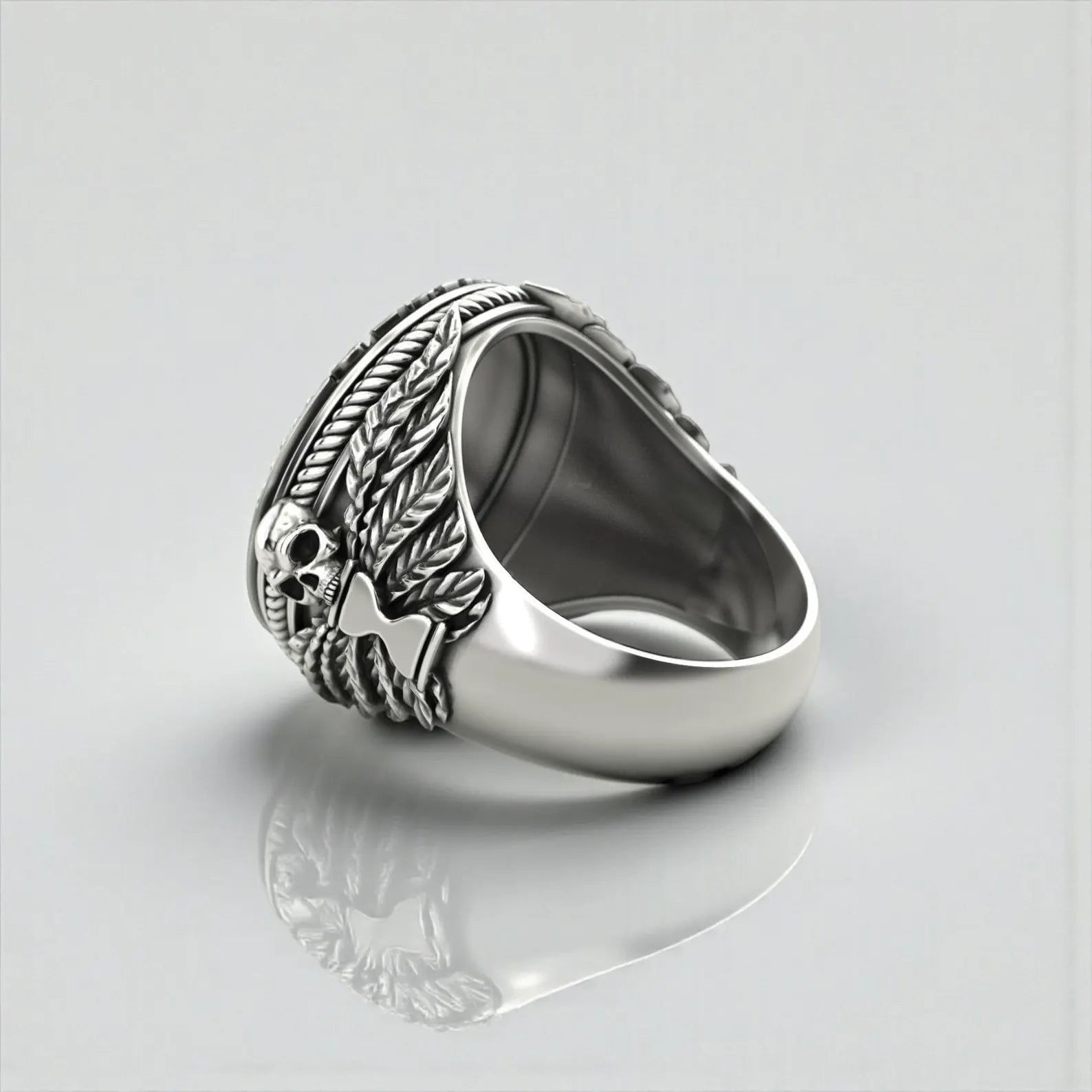 Statement Capricorn zodiac ring for men featuring a goat skull emblem, showcasing handcrafted silver detailing and timeless masculine character.
