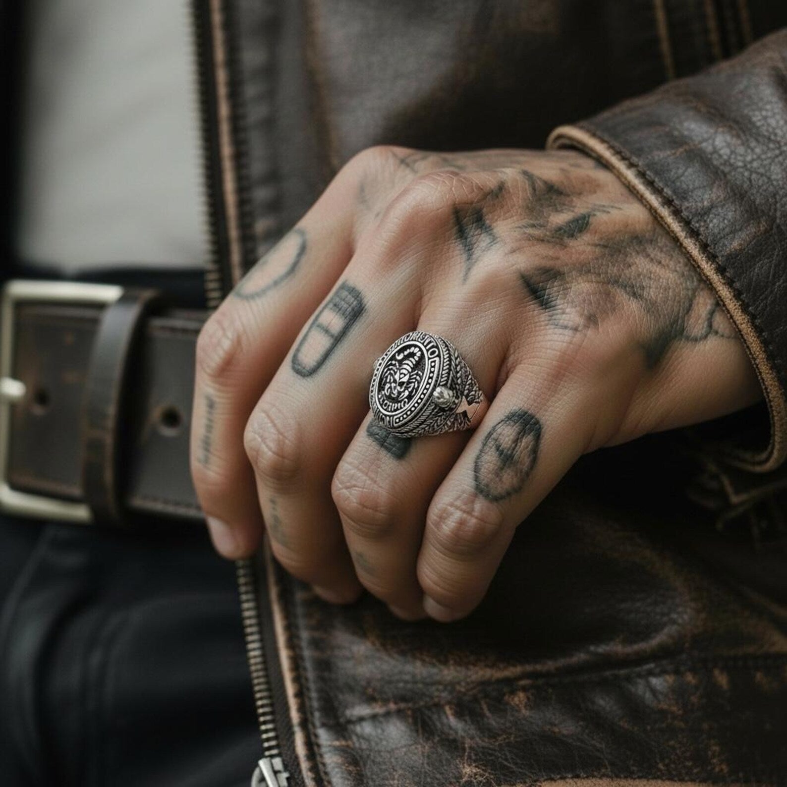 Scorpio skull ring for men in solid sterling silver, memento mori zodiac signet ring symbolizing power, transformation, and dark gothic aesthetic