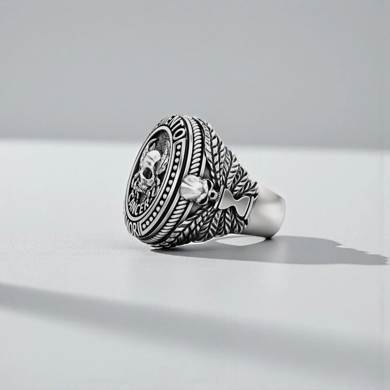 Gothic astrology Cancer ring with skull motif, solid sterling silver craftsmanship and oxidized vintage finish