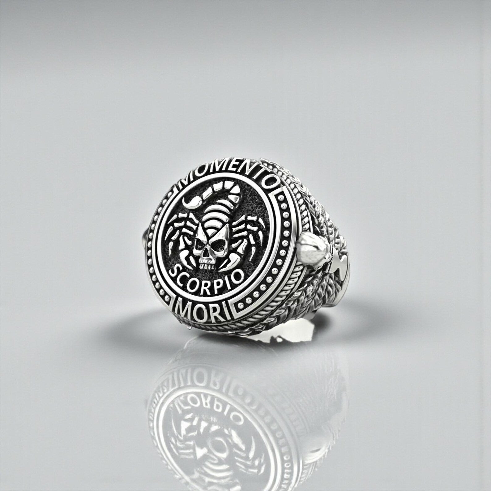 Handcrafted Scorpio zodiac skull ring made of 925 sterling silver featuring a bold memento mori design, gothic biker jewelry for men with oxidized finish