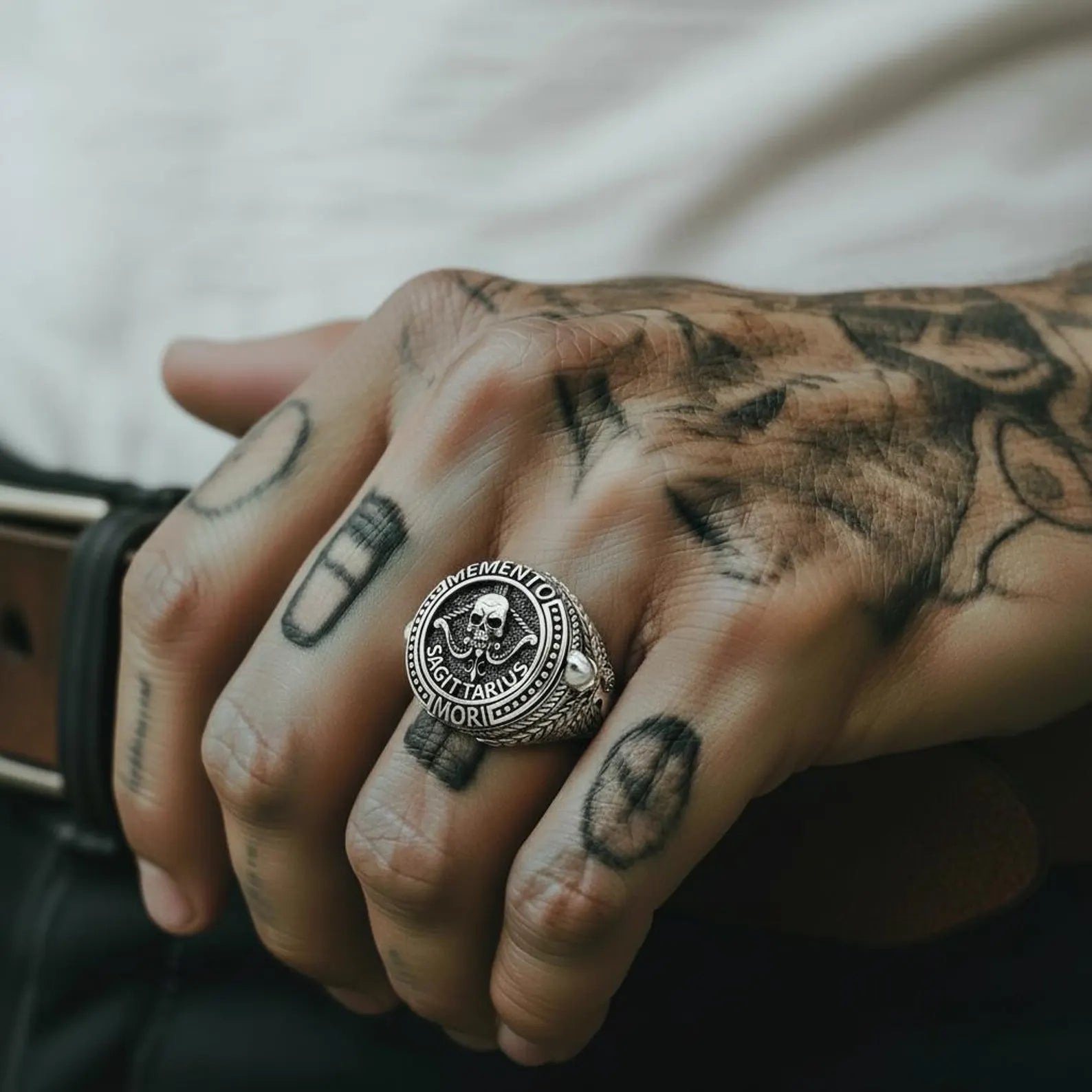 Handcrafted gothic Sagittarius skull ring featuring memento mori symbolism, made from sterling silver for men who value stoic philosophy and meaningful jewelry