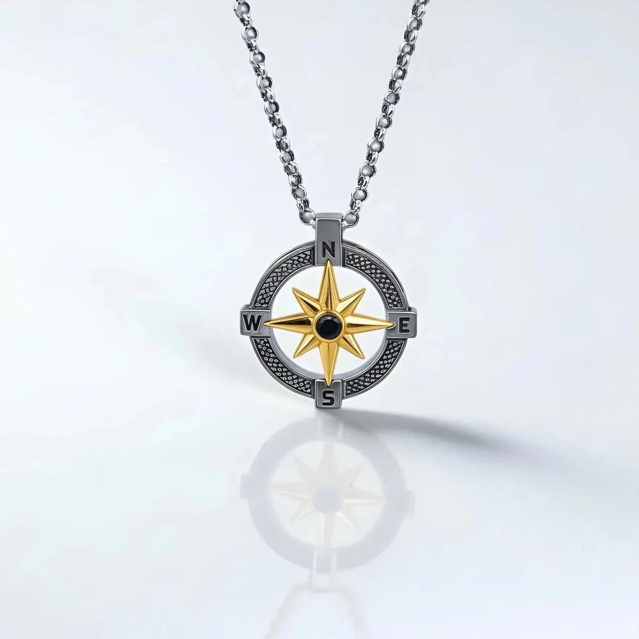 Personalized nautical compass pendant necklace crafted in 925 sterling silver with gold north star detail, ocean inspired men’s statement jewelry