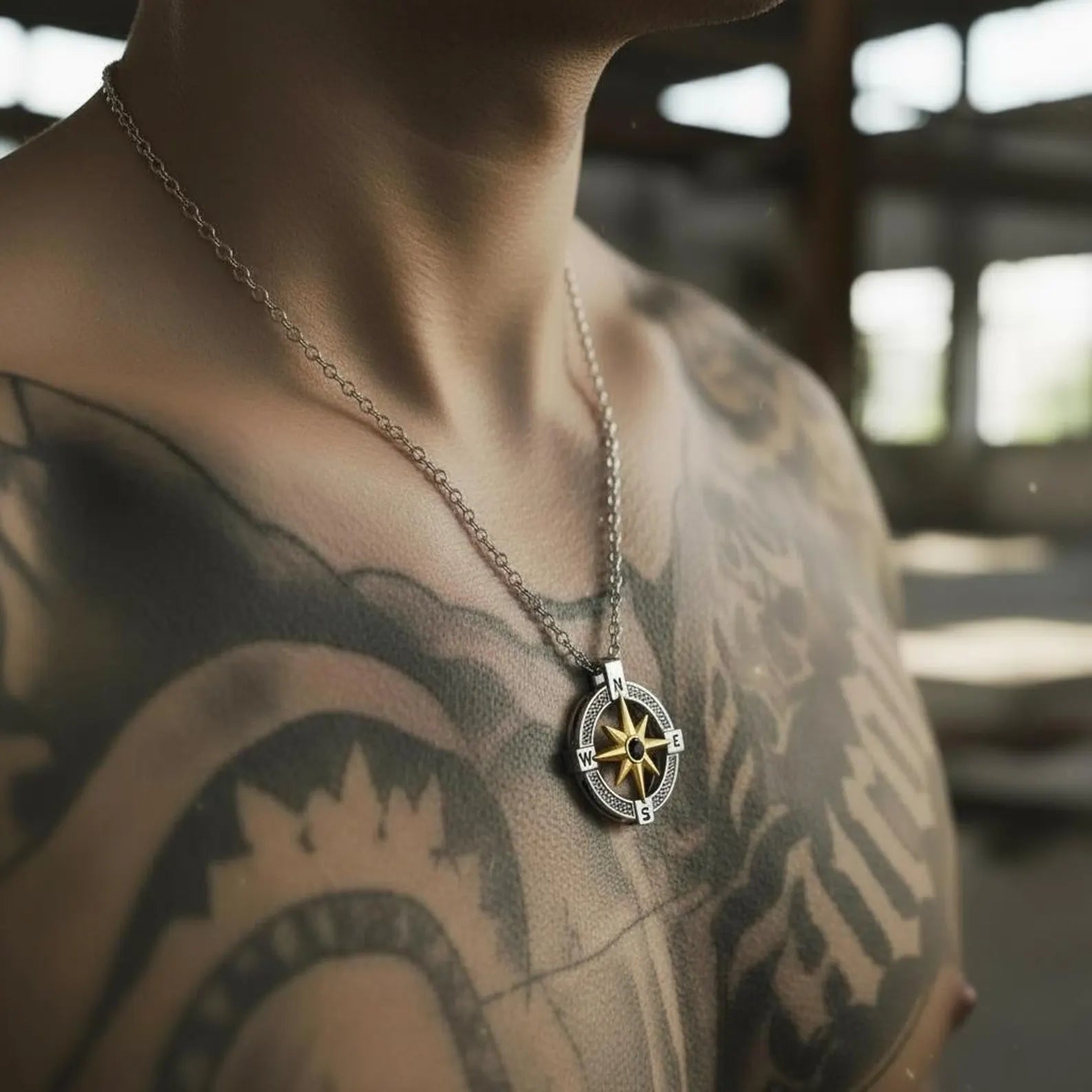 Custom nautical jewelry compass necklace in 925 sterling silver with gold north star, anniversary and birthday gift for men