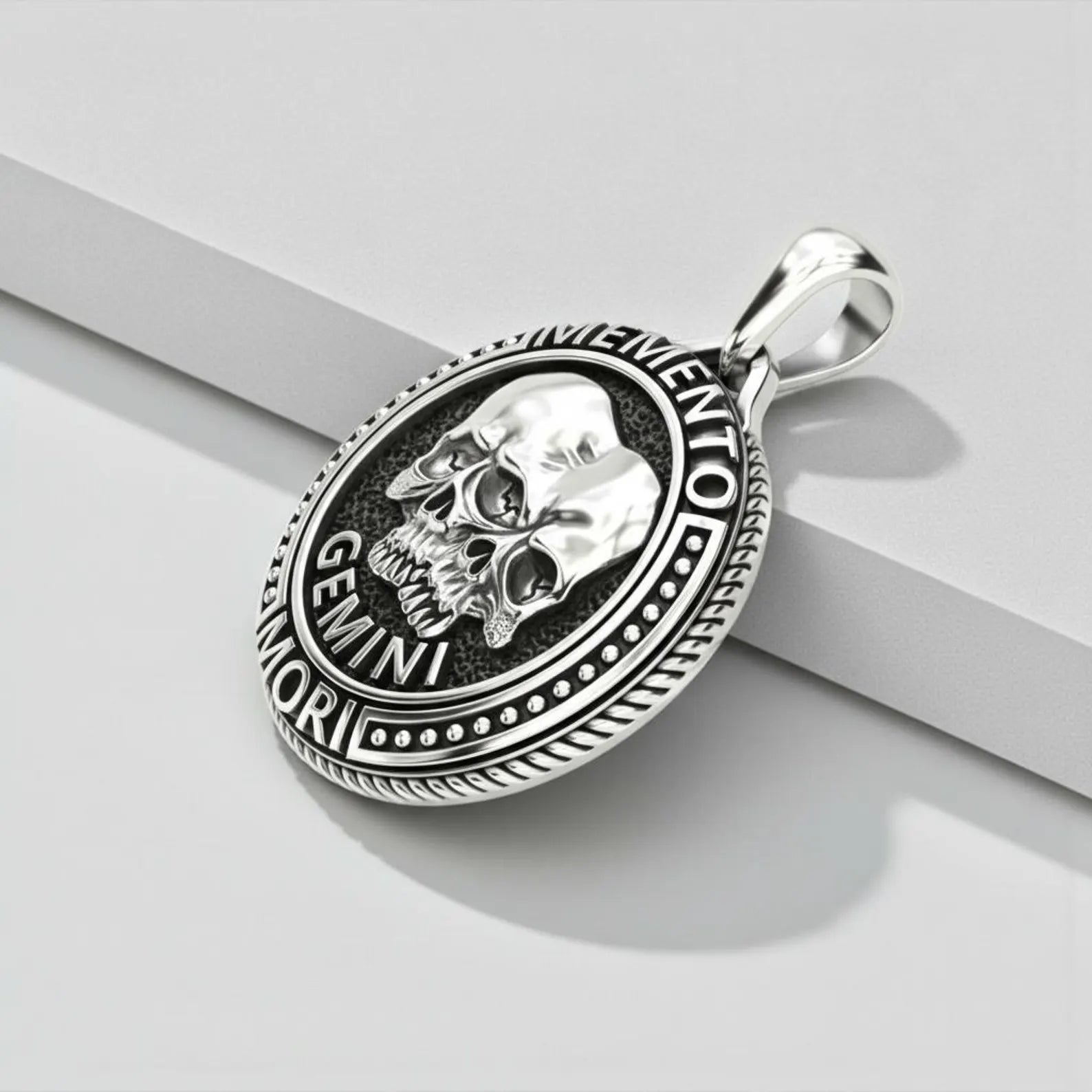 Gothic Gemini astrology pendant necklace featuring Memento Mori philosophy, handcrafted sterling silver men’s jewelry