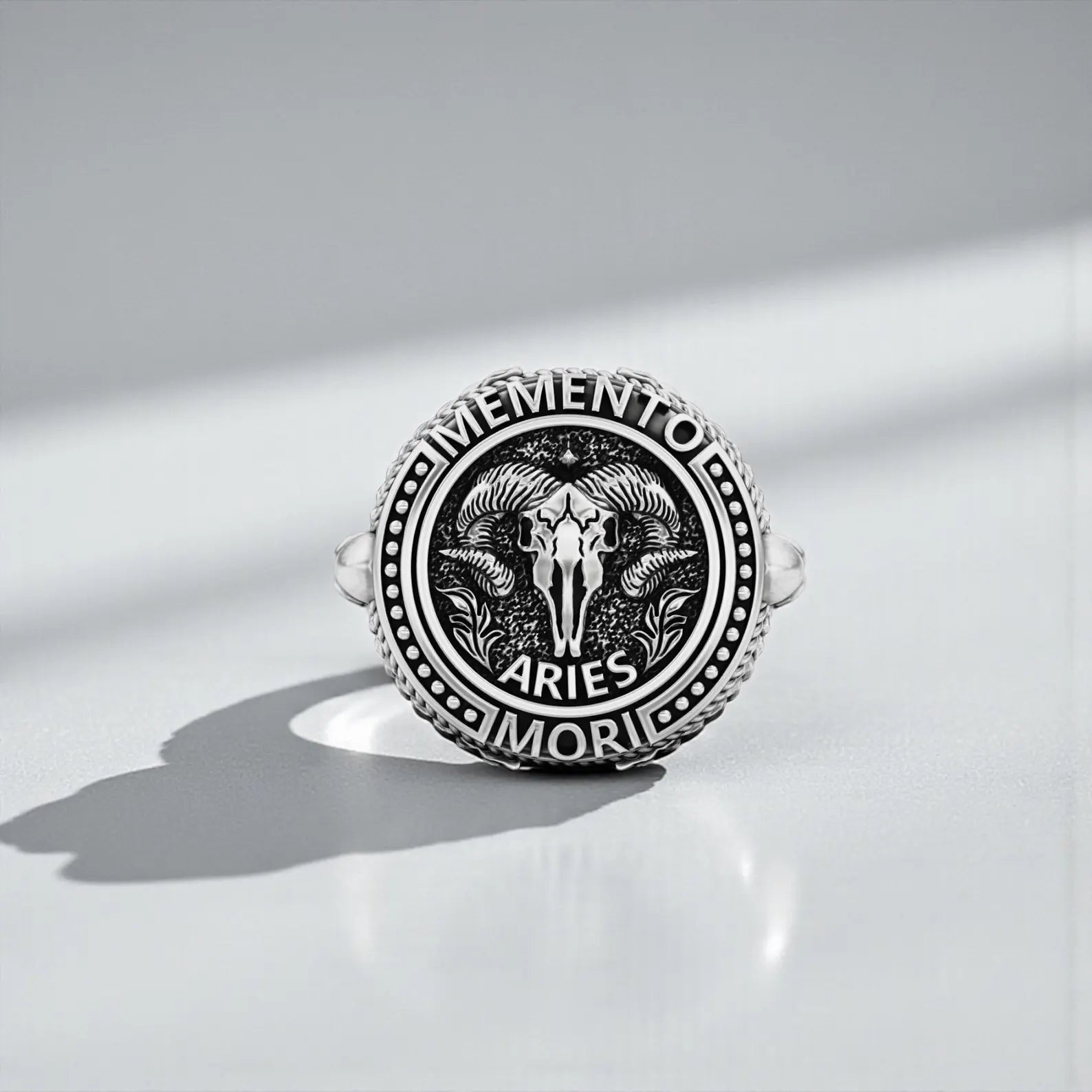 Handcrafted Memento Mori Aries skull ring for men made of 925 sterling silver, featuring a detailed ram skull zodiac design with oxidized gothic finish