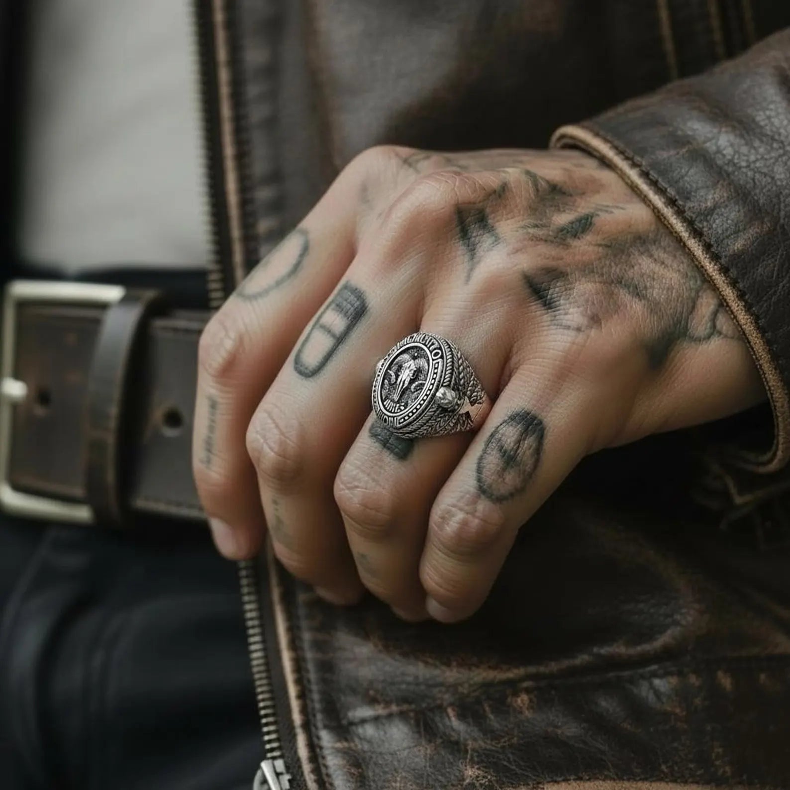 Gothic Aries zodiac ring showcasing ram skull Memento Mori motif, artisan crafted sterling silver signet ring for bold masculine style