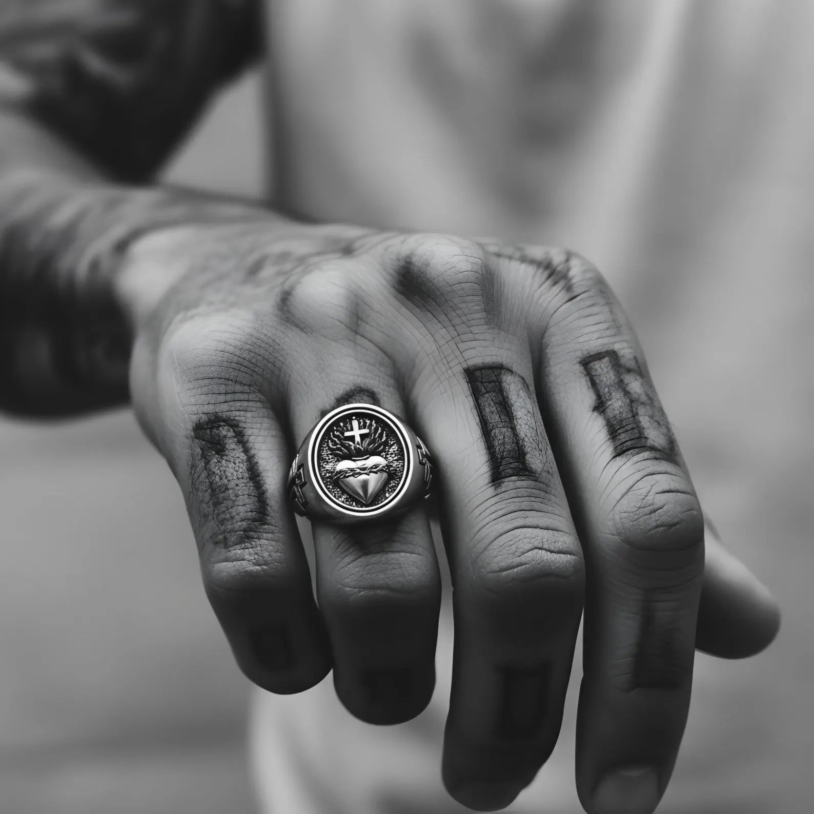 Handmade Sacred Heart of Jesus cross ring for men, Christian sterling silver ring with oxidized finish, durable religious jewelry gift symbolizing mercy, protection and devotion