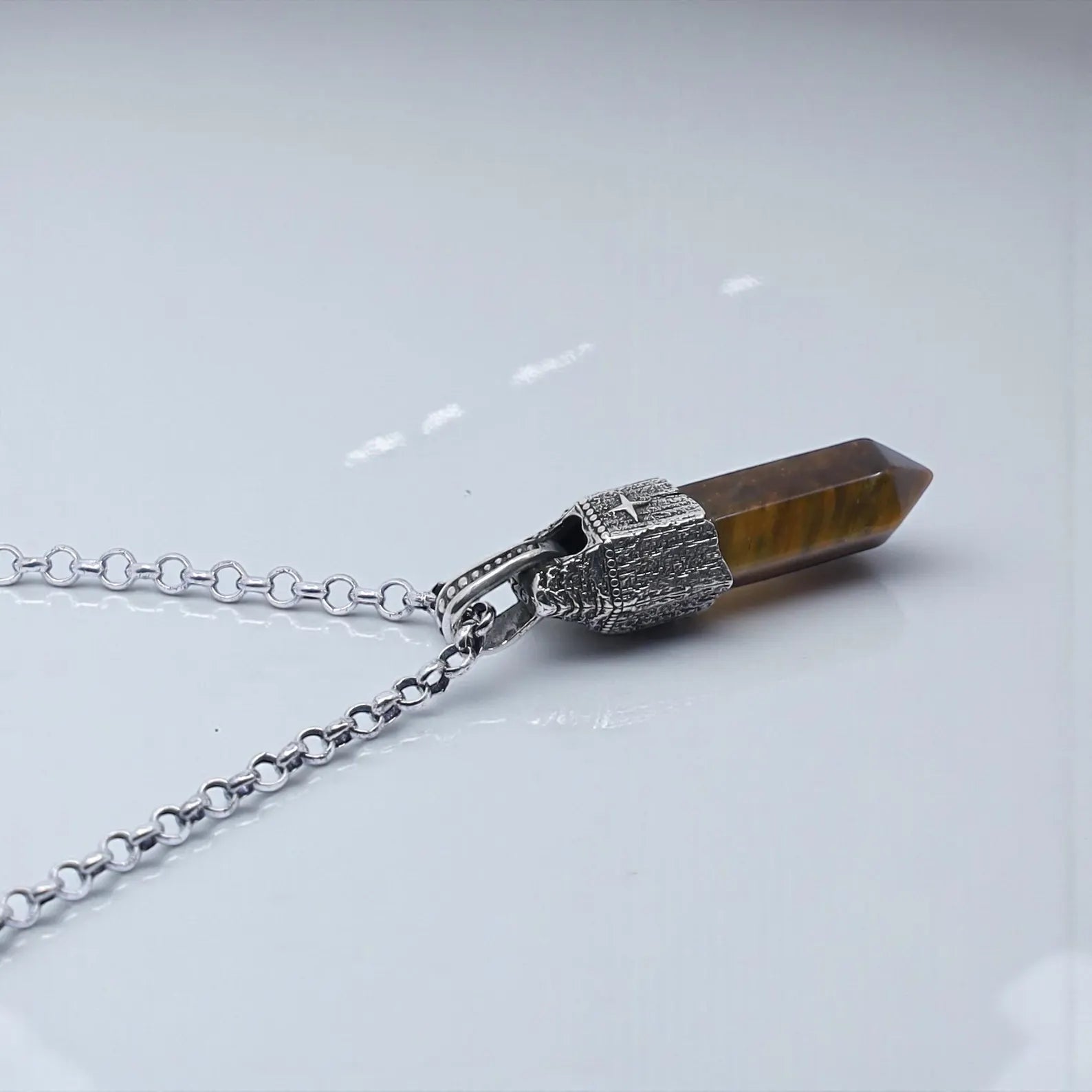 Statement men’s sterling silver necklace with natural tiger’s eye gemstone and vintage compass design, perfect as a meaningful personalized gift