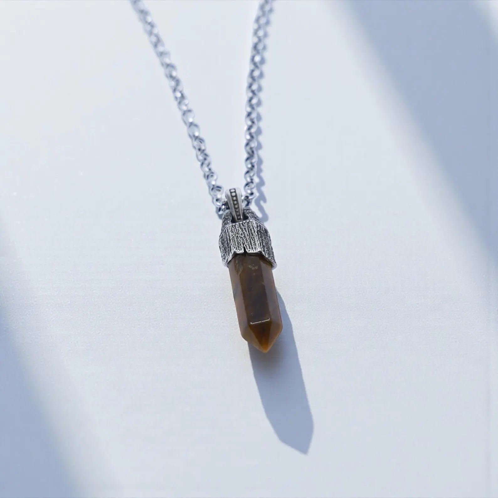Personalized tiger’s eye crystal pendant necklace in sterling silver with vintage compass symbolism, perfect for anniversary or birthday gift
