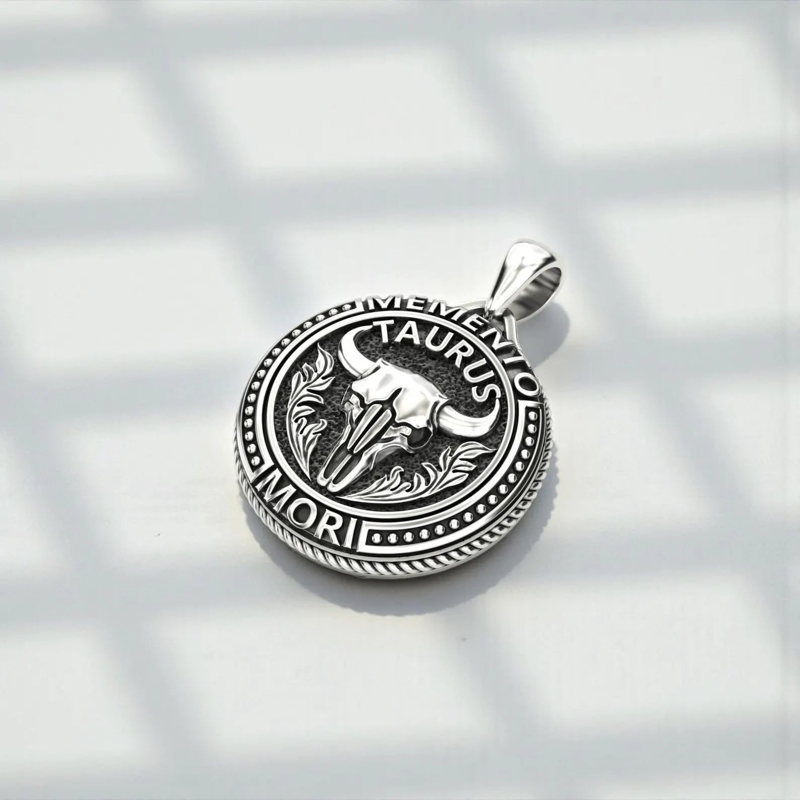 Memento mori bull symbol Taurus necklace in oxidized sterling silver, designed as a meaningful statement piece for men who appreciate spiritual and gothic jewelry