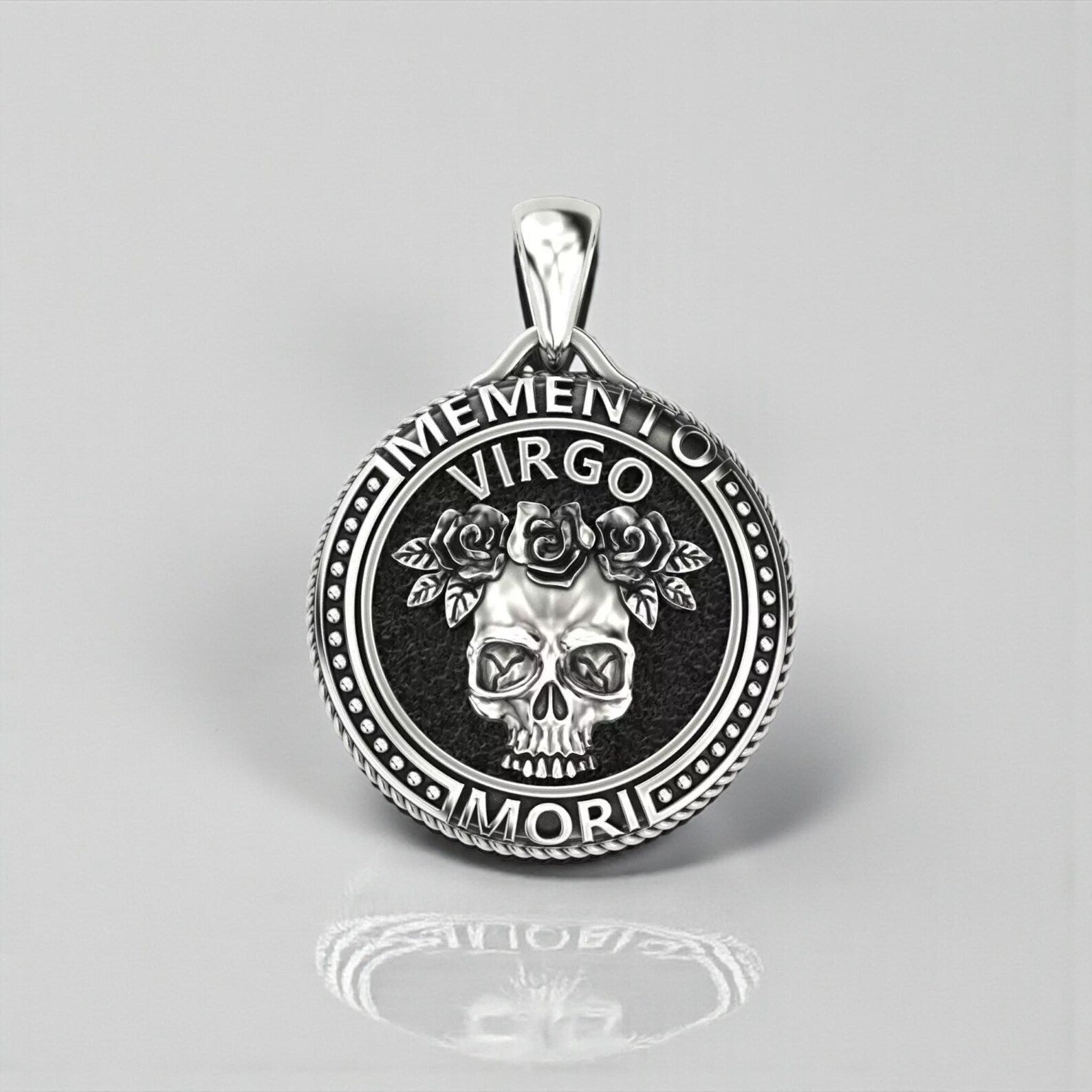 Virgo zodiac memento mori skull pendant necklace crafted in 925 sterling silver, gothic horoscope jewelry for men, oxidized finish, symbolic skull design representing life, death, wisdom and spiritual awareness