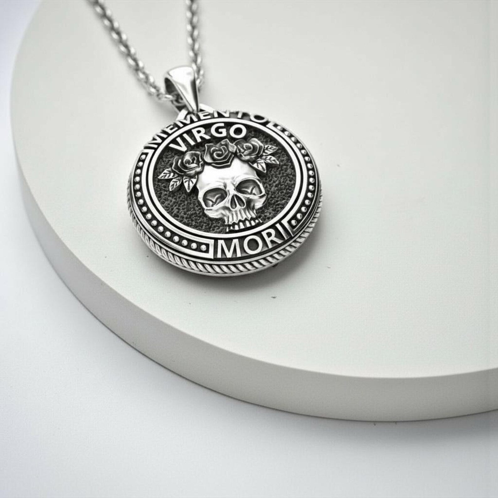 Gothic Virgo zodiac skull pendant in solid 925 sterling silver, memento mori philosophy jewelry, handcrafted horoscope necklace symbolizing inner strength, balance and cosmic connection
