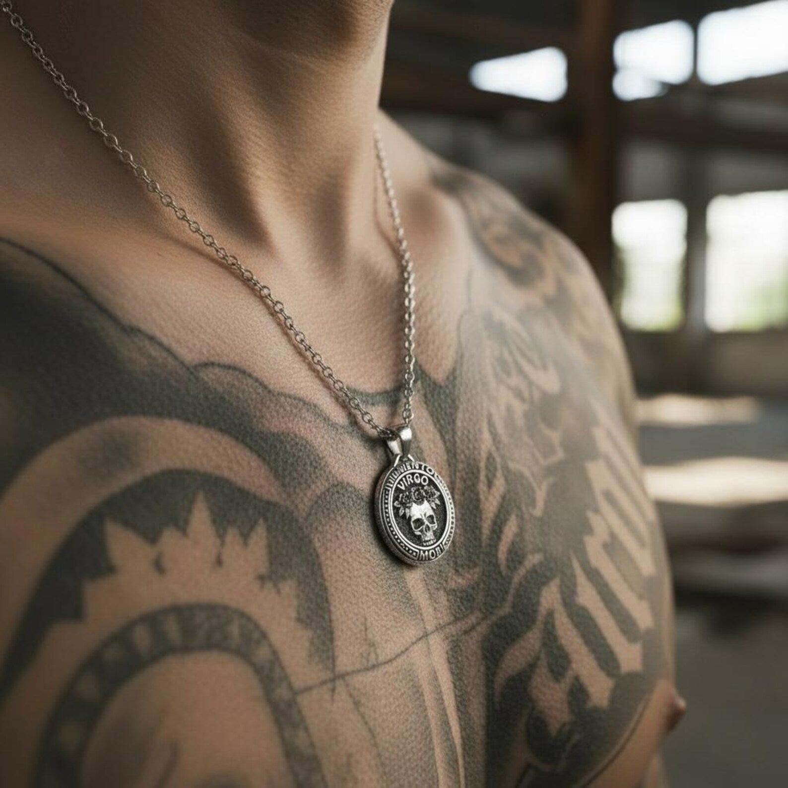 Masculine Virgo zodiac skull pendant necklace in oxidized sterling silver, gothic astrological jewelry for men, symbolic memento mori design with strong spiritual meaning