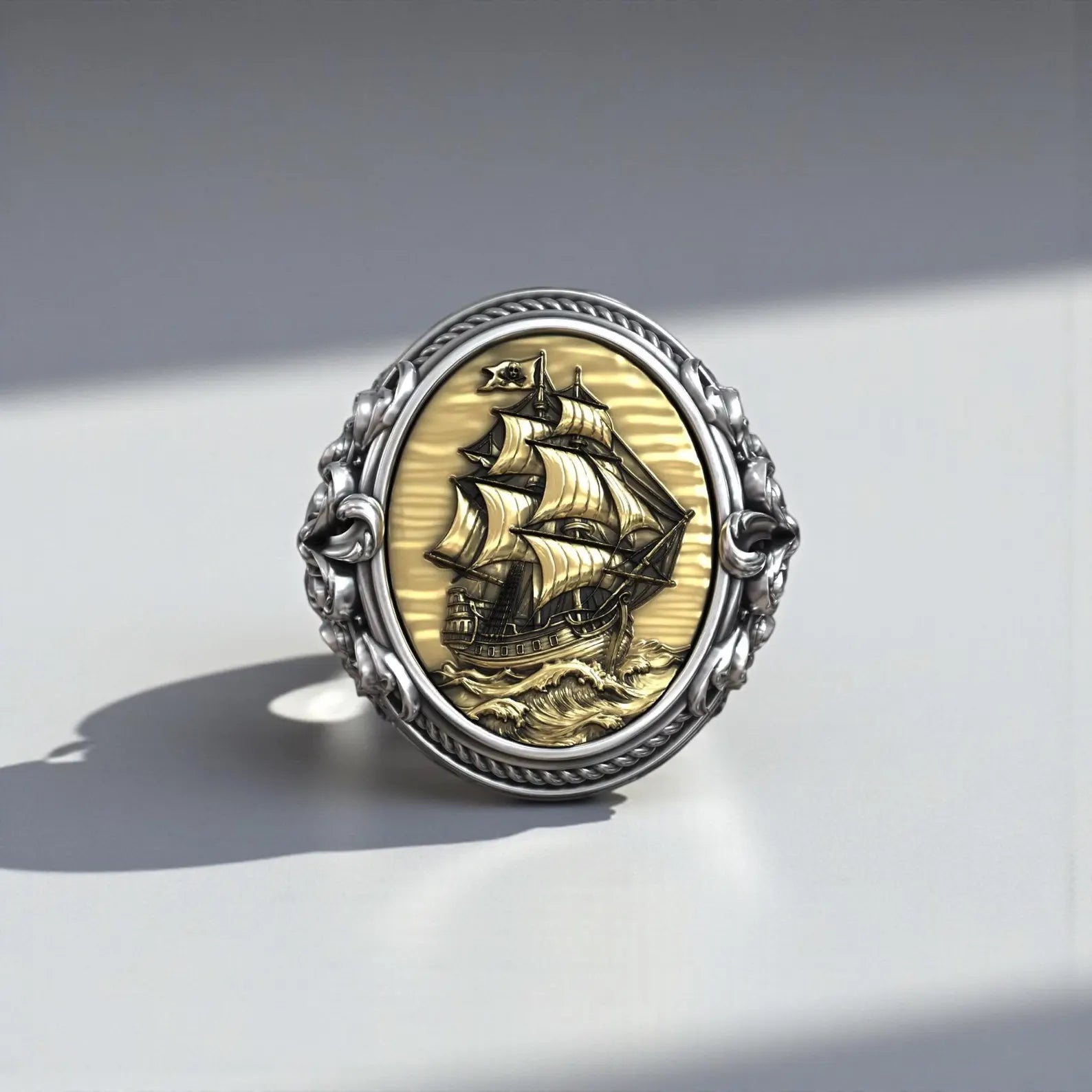 Luxury baroque pirate ship signet ring in sterling silver with refined gold accents, bold nautical jewelry for men, oxidized finish, handcrafted statement ring for ocean and maritime lovers
